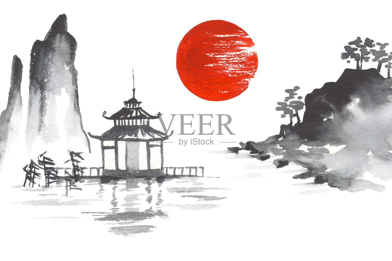 日本传统绘画Sumi-e艺术太阳湖、河、山、庙、山插画图片素材