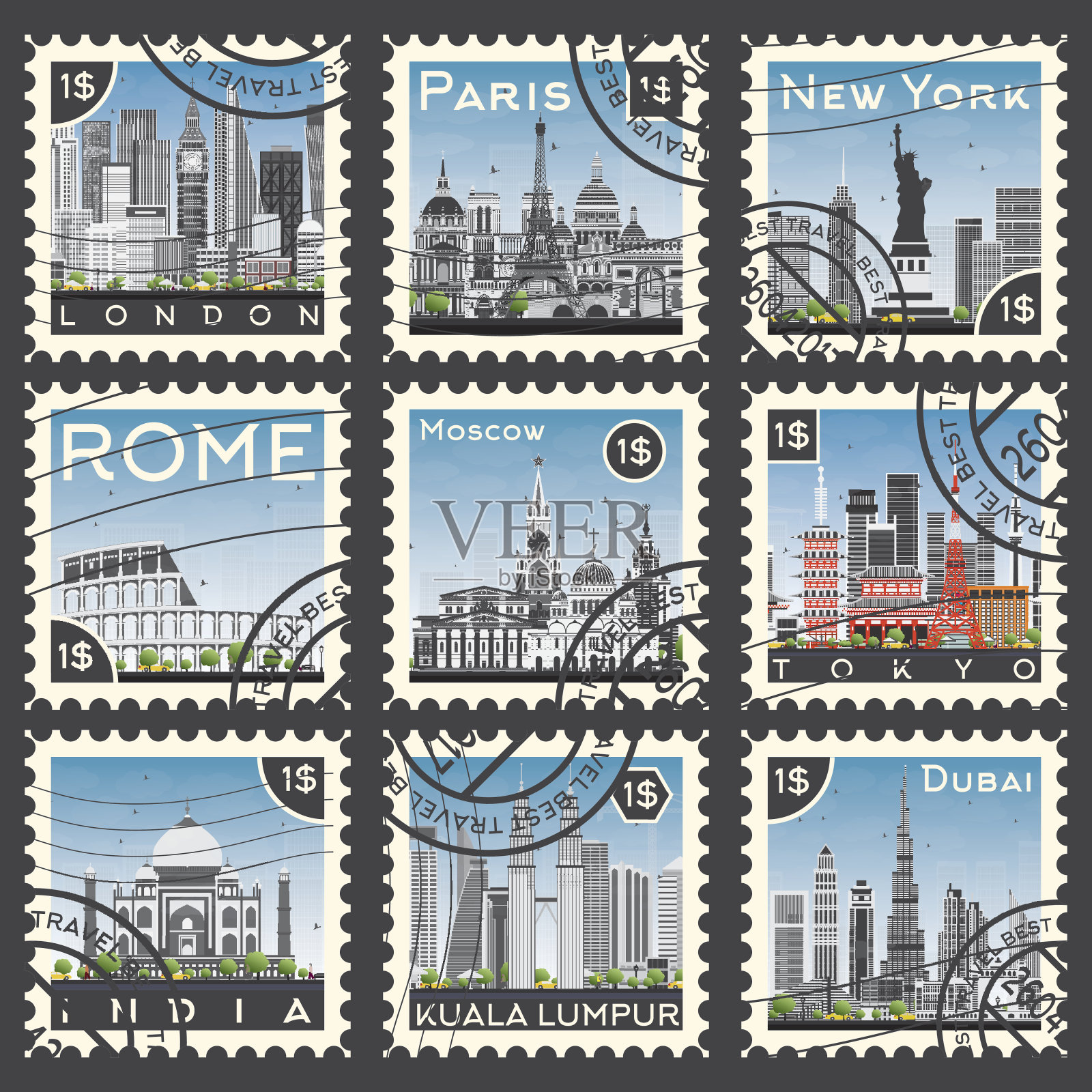 一套不同城市及地标邮票。插画图片素材