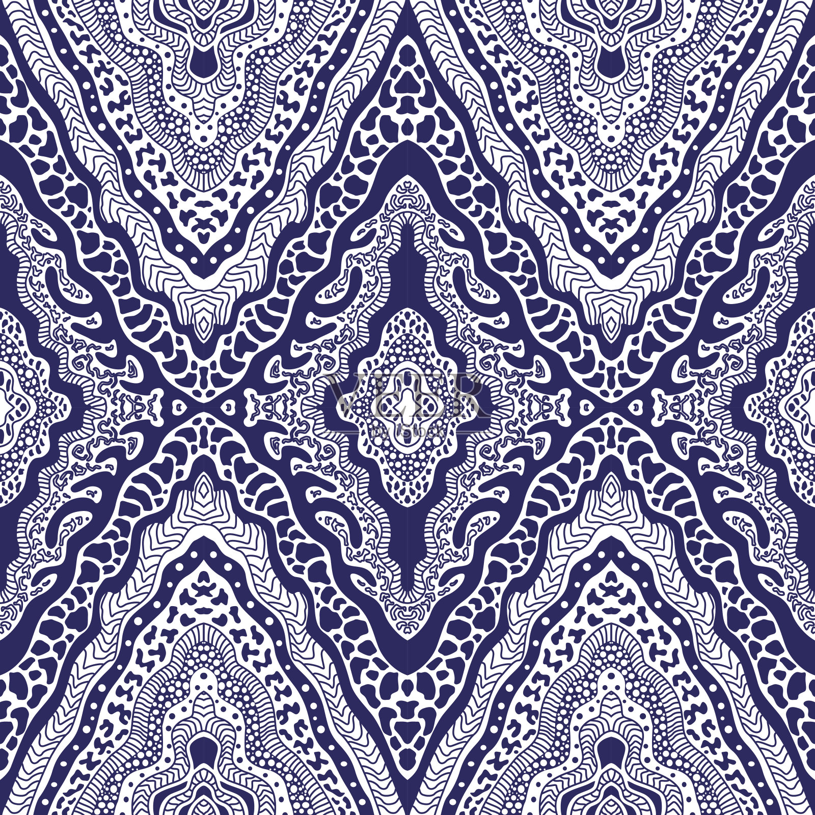 矢量手绘几何抽象无缝伊卡特图案装饰民族装饰。蓝色靛蓝的部落元素在白色的背景。蜡染、墙纸、包装、纸张填充、纺织品印花插画图片素材
