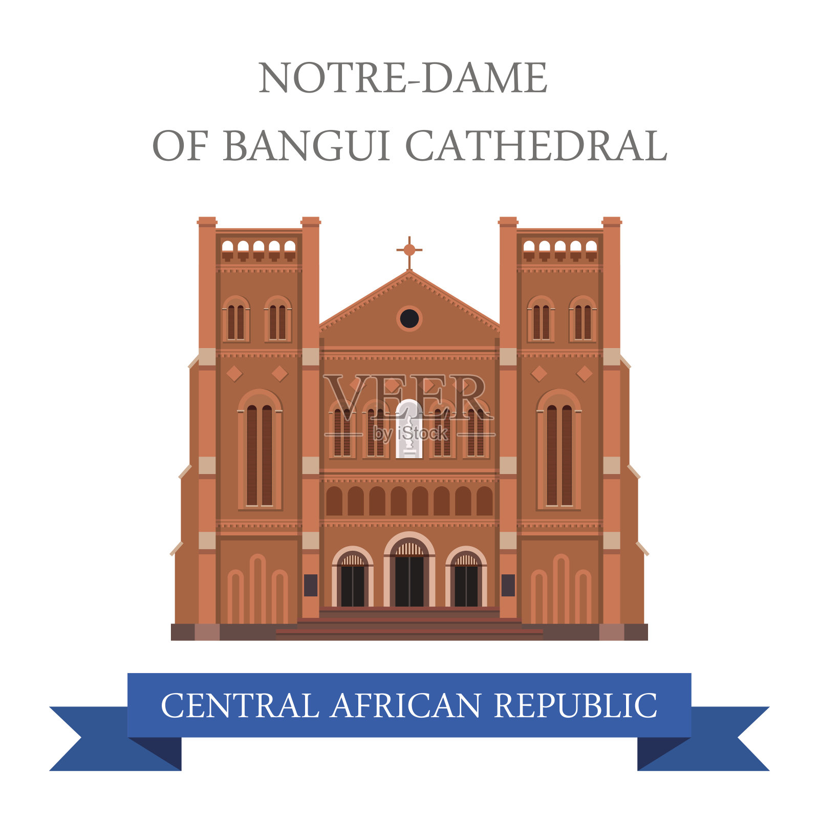 平面卡通巴黎圣母院的班吉大教堂网站矢量插图。中非共和国国家观光非洲。地标和世界著名的展示厅概念。插画图片素材