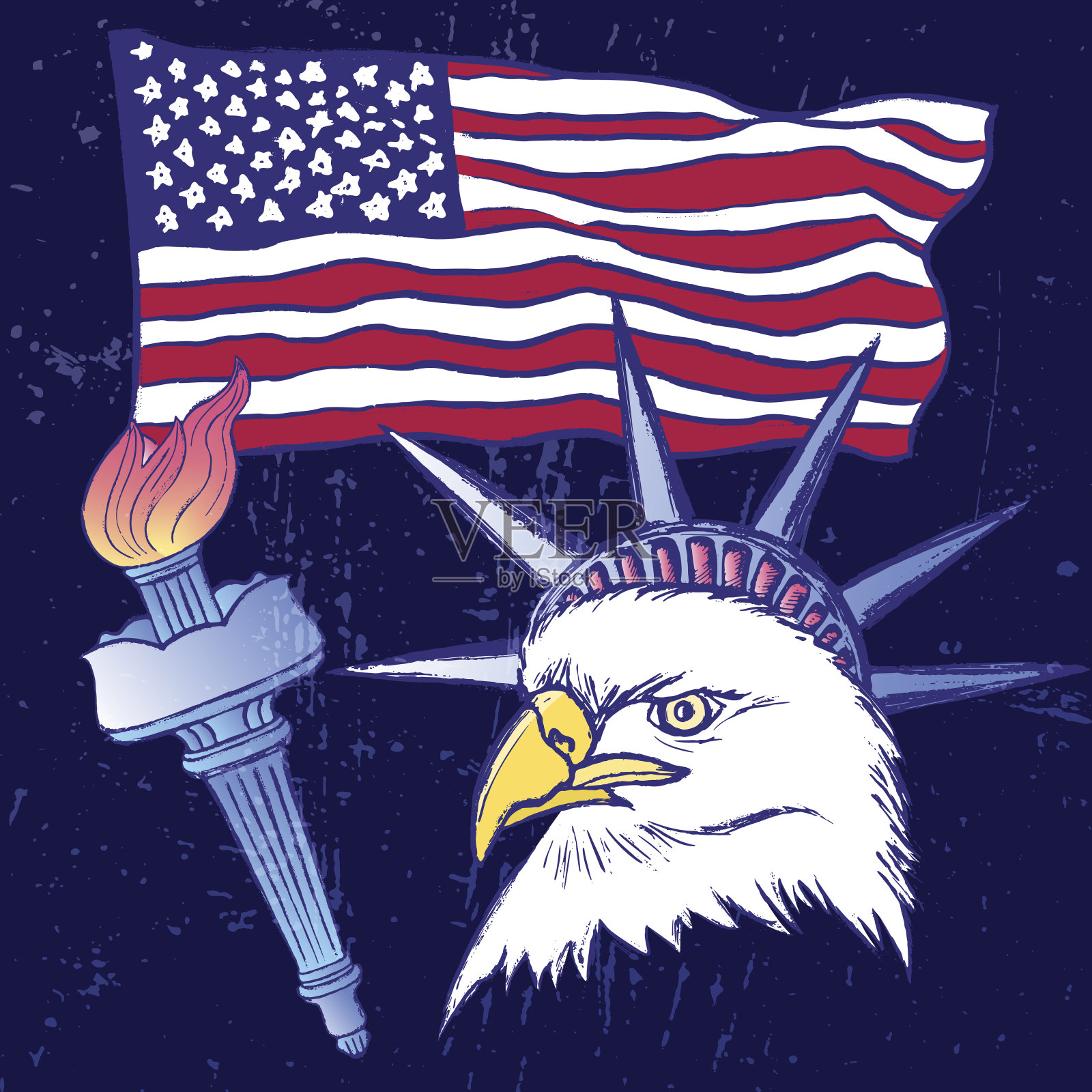 水墨手绘的7月4日集美国国旗，老鹰和部分自由女神像/独立日艺术元素的创造性使用插画图片素材