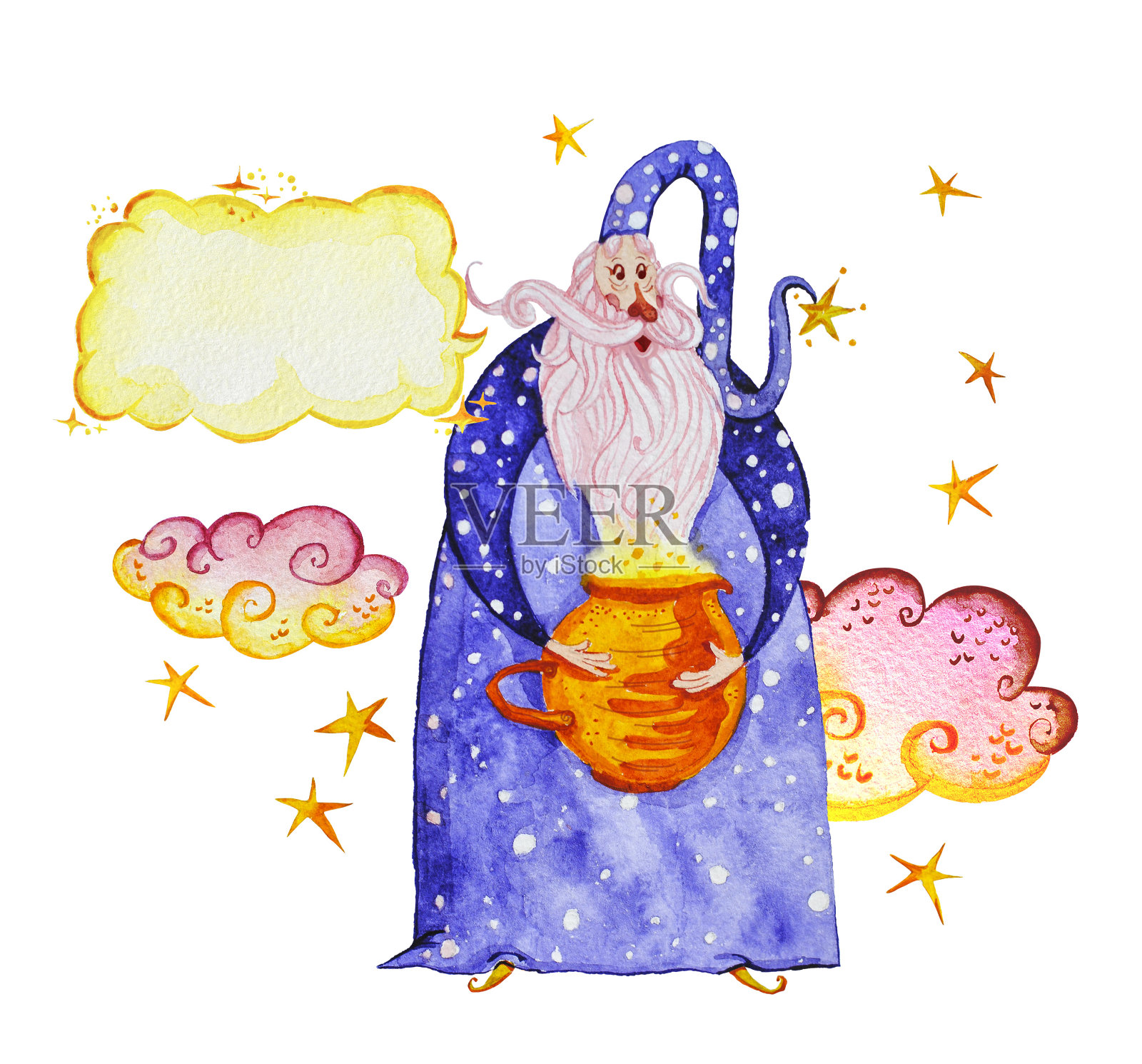 艺术水彩手绘魔术插图与星星，魔术壶和云孤立在白色的背景。童话魔术师。儿童插图。插画图片素材