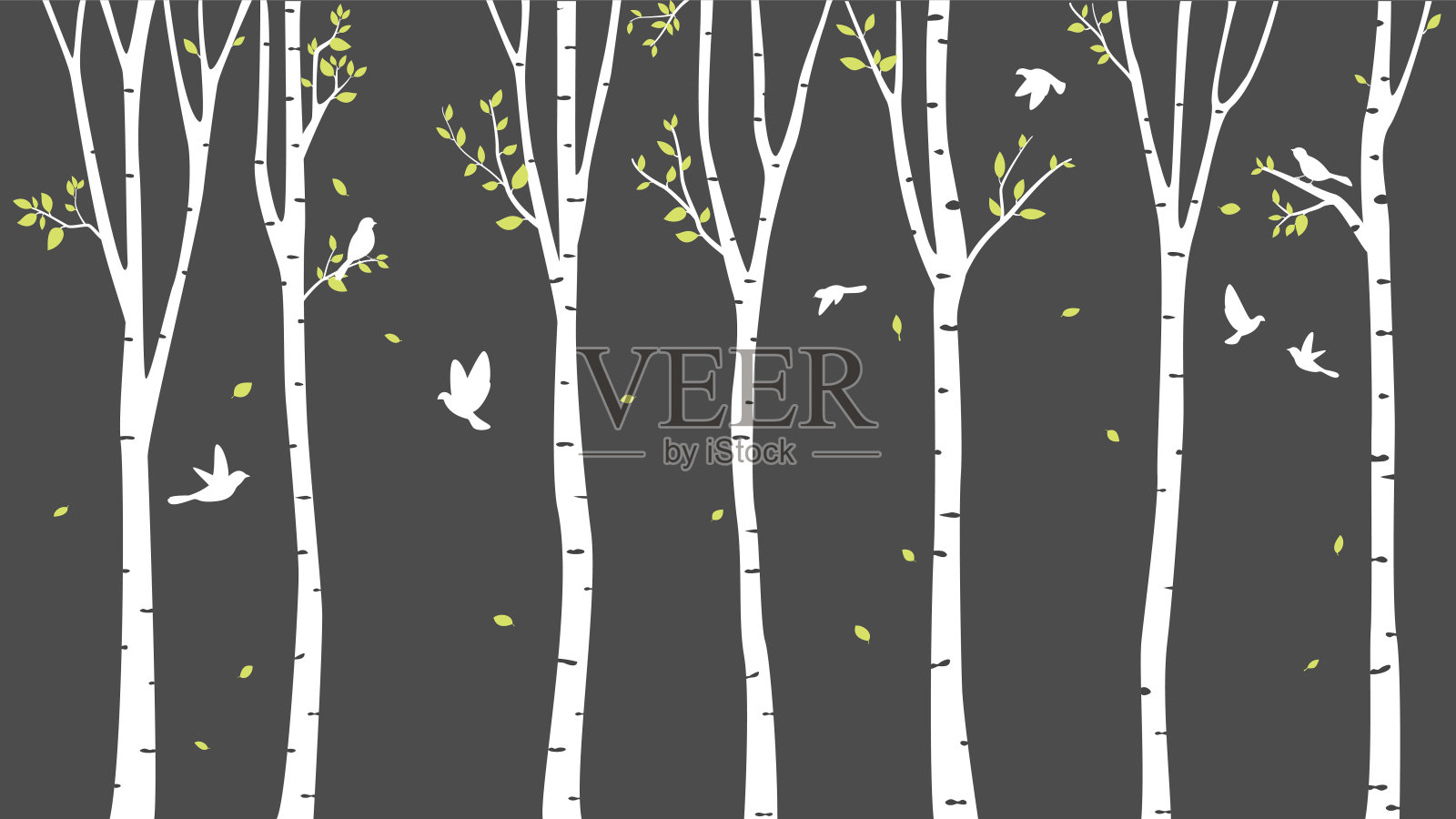 桦树与鹿和鸟的剪影背景插画图片素材