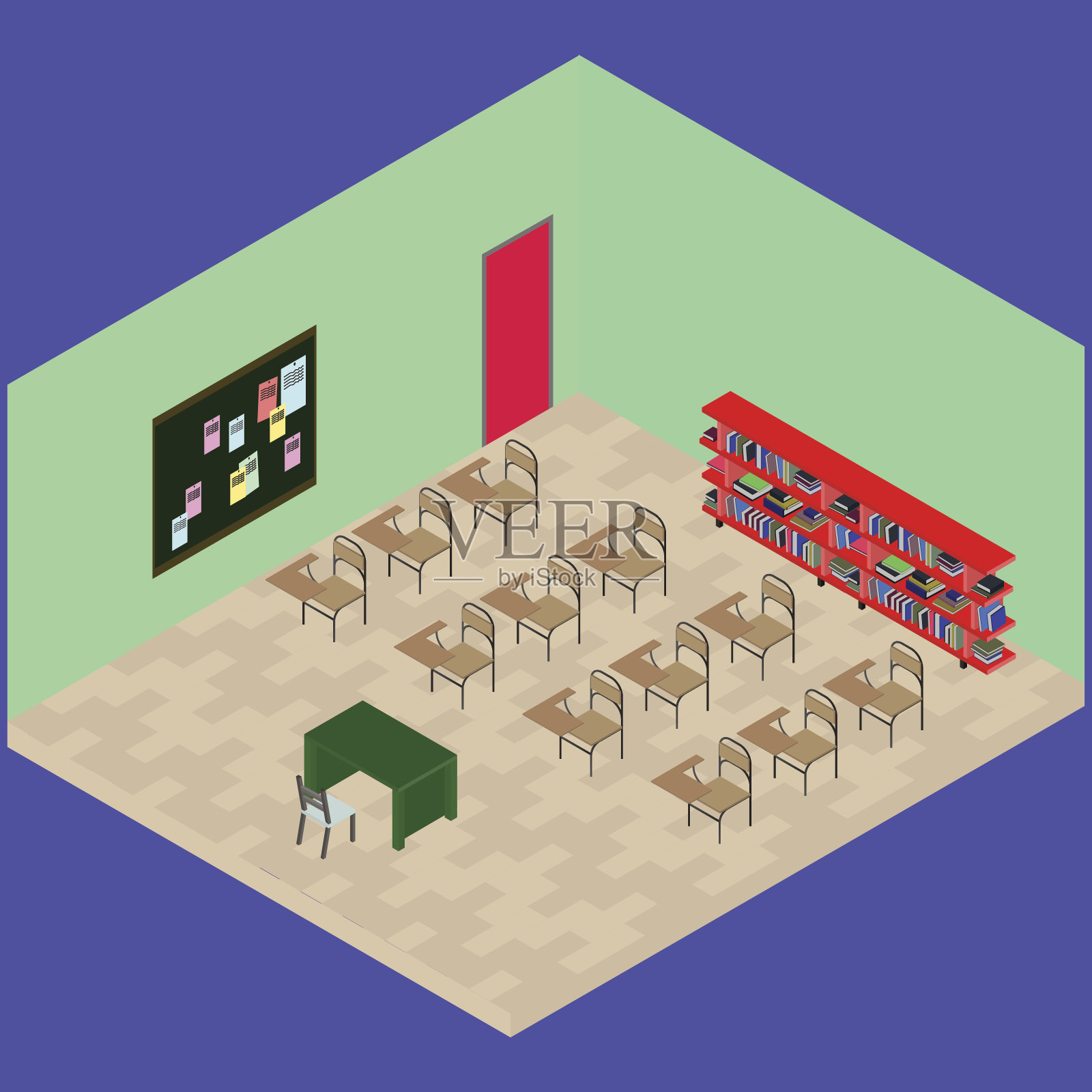 等距教室的对象:书桌，书架，桌子，椅子，笔记板插画图片素材