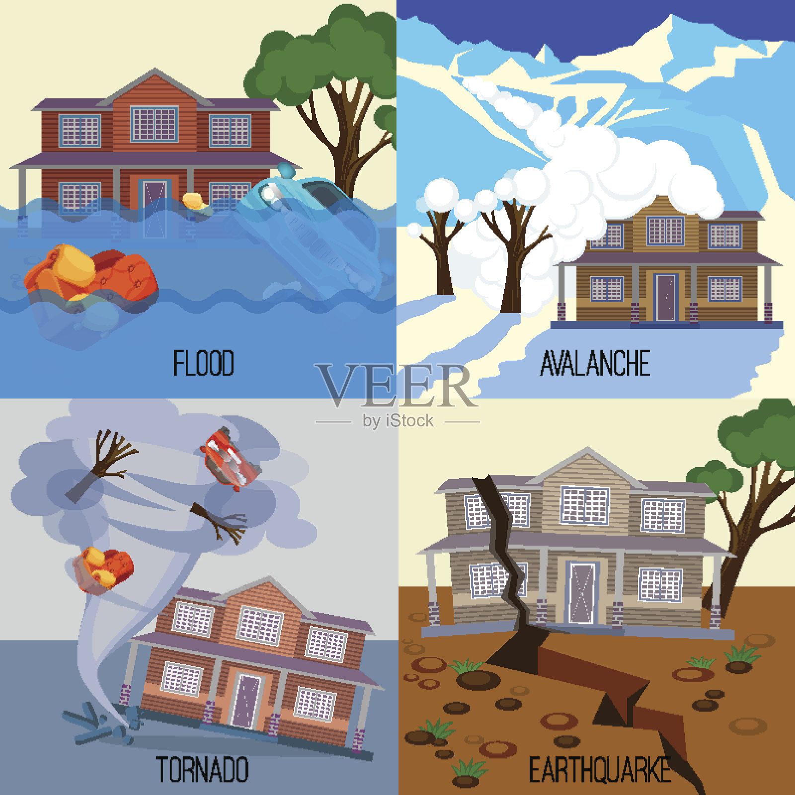 一系列自然灾害旗帜龙卷风，地震，雪崩，洪水插画图片素材