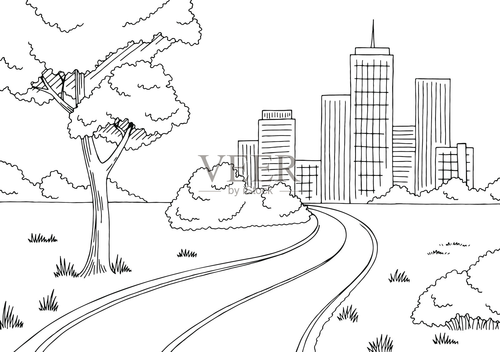道路城市图形黑白城市景观素描插图矢量设计元素图片