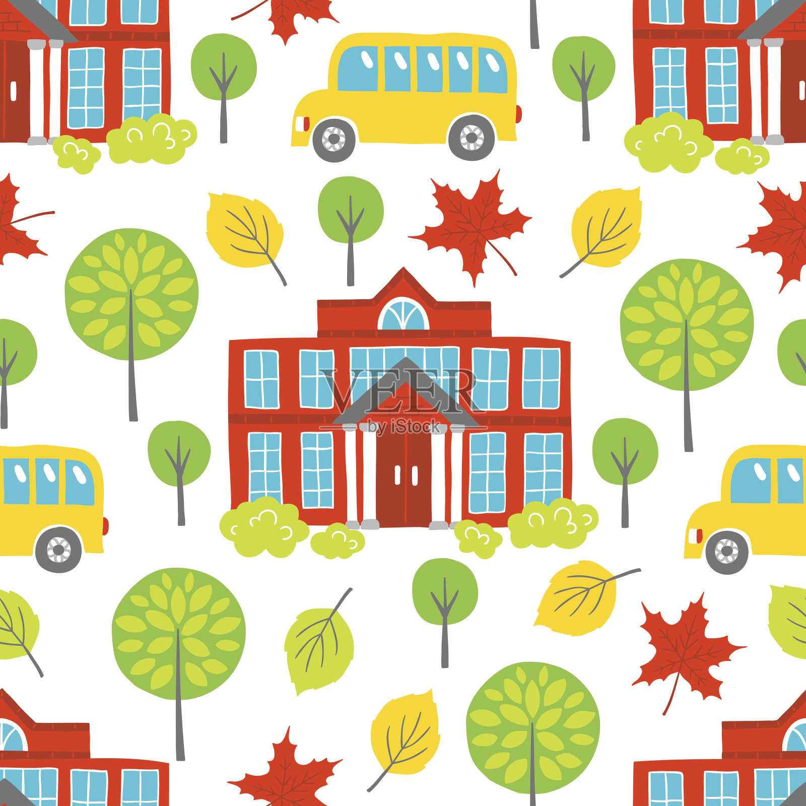图案与树木、树叶、校车、教学楼无缝衔接插画图片素材