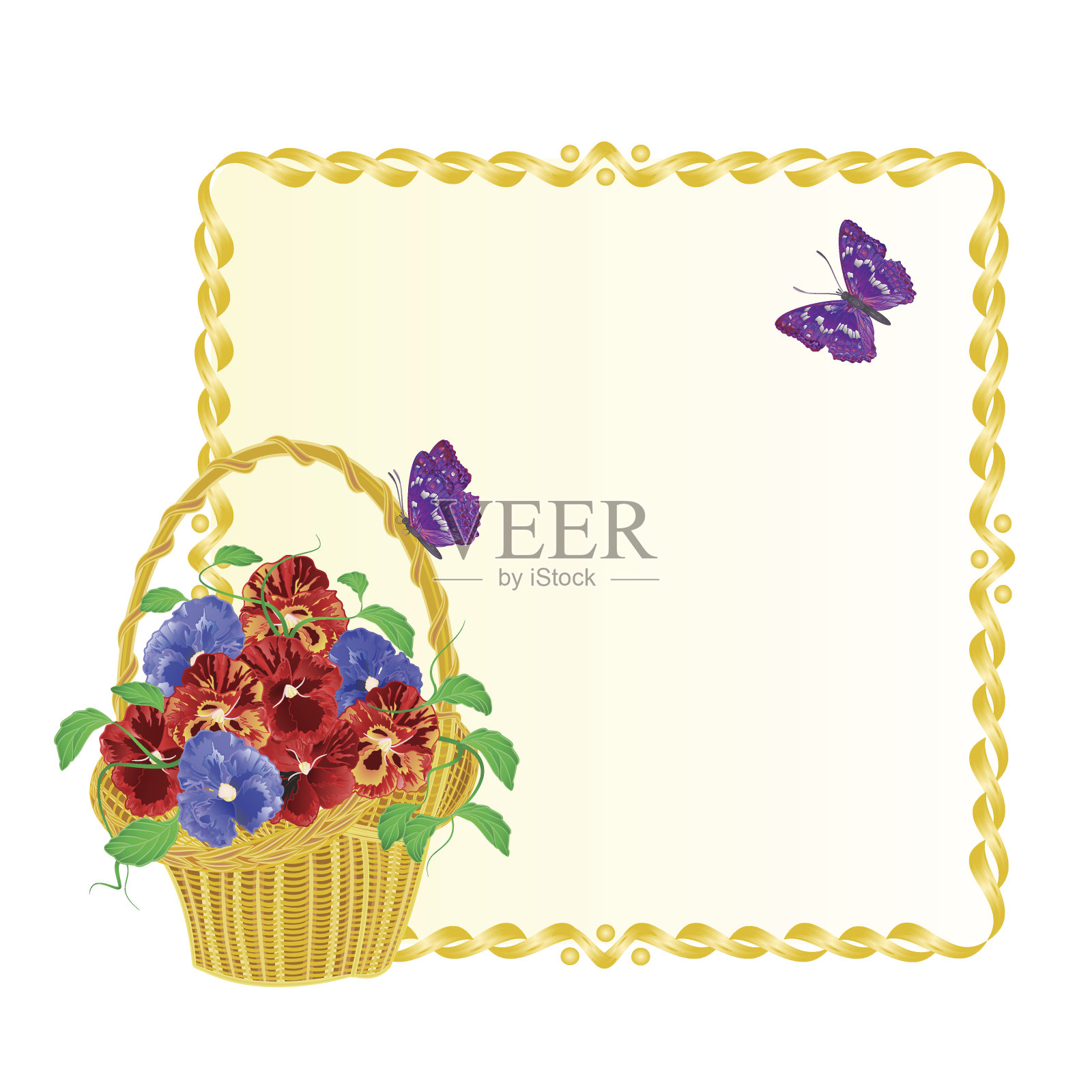 框架与三色紫罗兰的春天花在一个篮子与蝴蝶复古向量插画图片素材