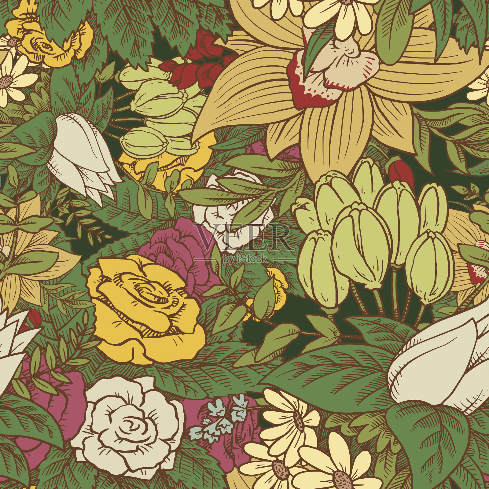无缝花卉图案与美丽的花在绿色的背景插画图片素材