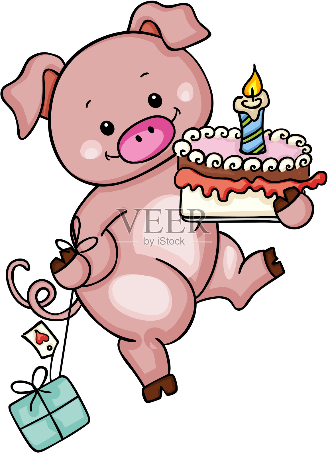 可爱的小猪抱着生日蛋糕和礼物设计模板素材