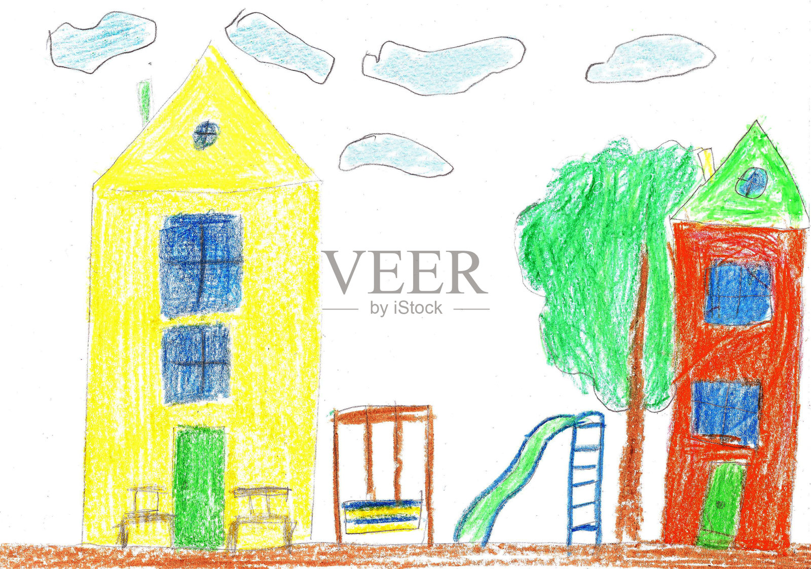 孩子的画。房子，树和长凳插画图片素材