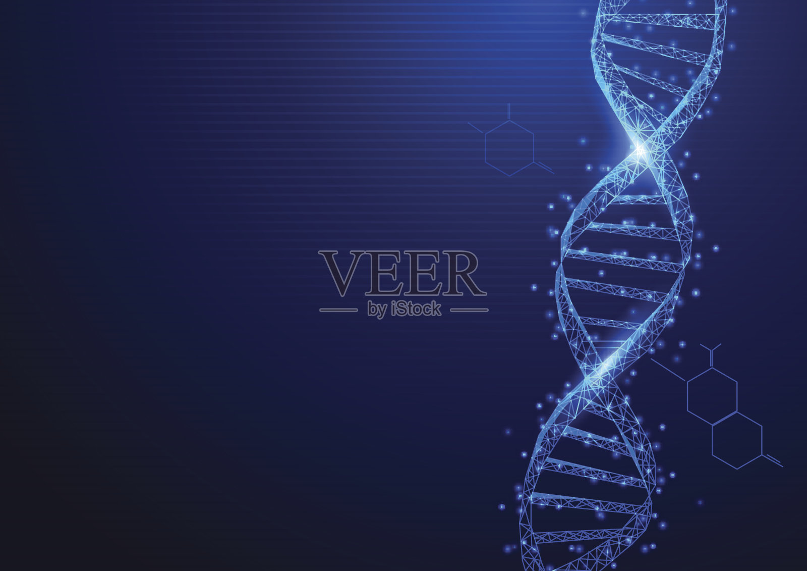 线框DNA分子结构从星空上的蓝色背景网。科学技术概念插画图片素材