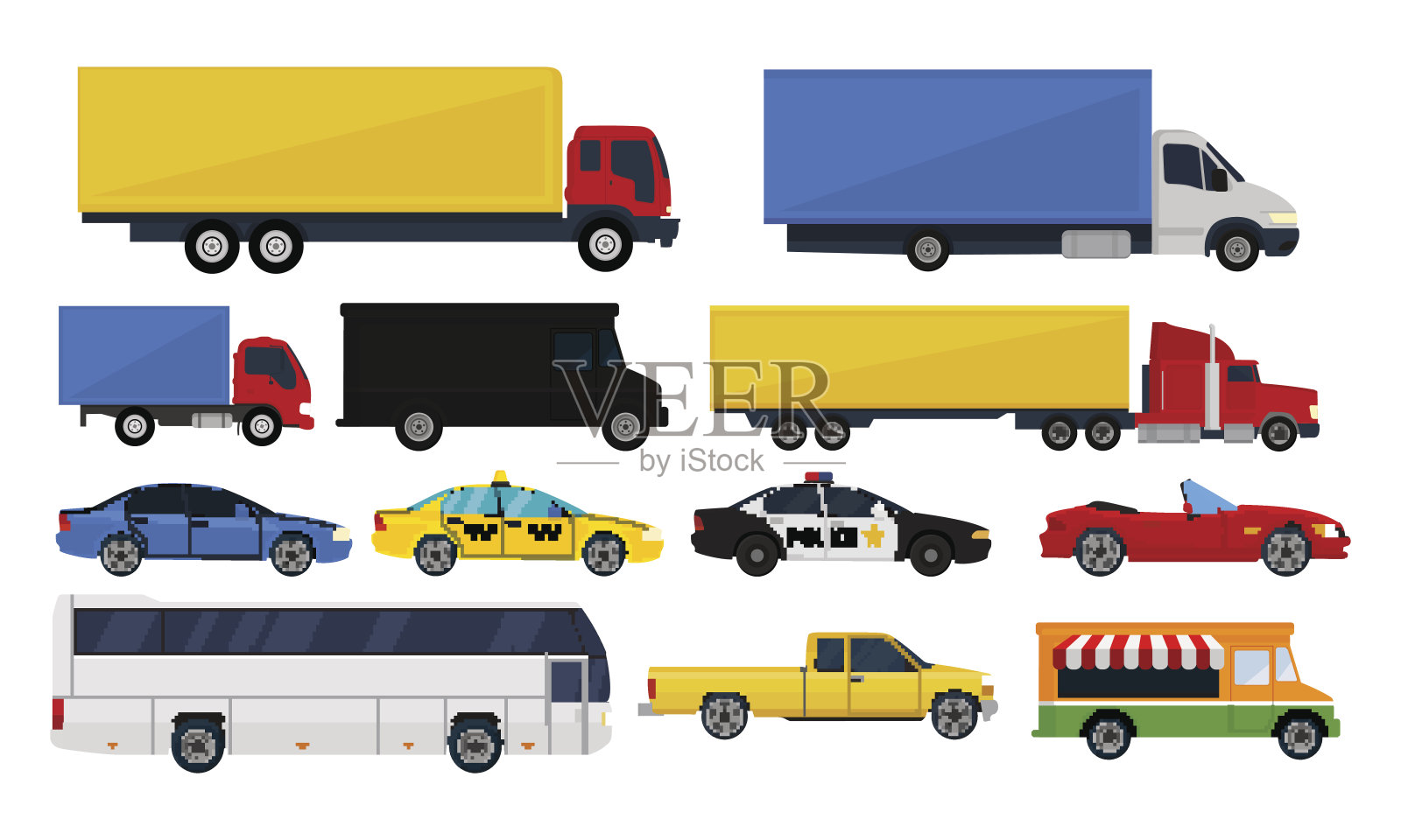 设置卡车和汽车孤立的白色背景。插画图片素材