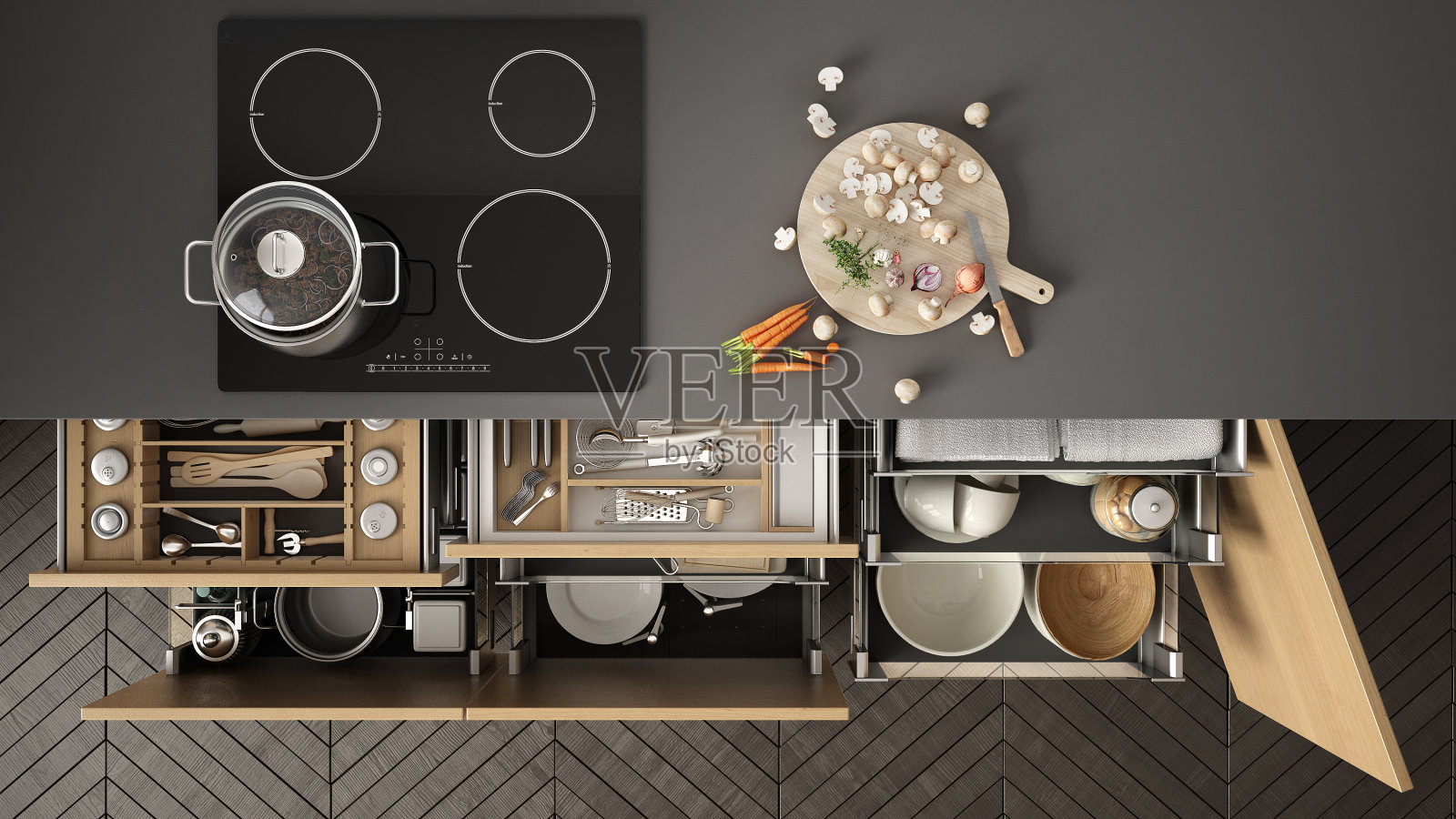 现代厨房俯视图，打开的抽屉和炉灶与烹饪锅，极简的室内设计照片摄影图片
