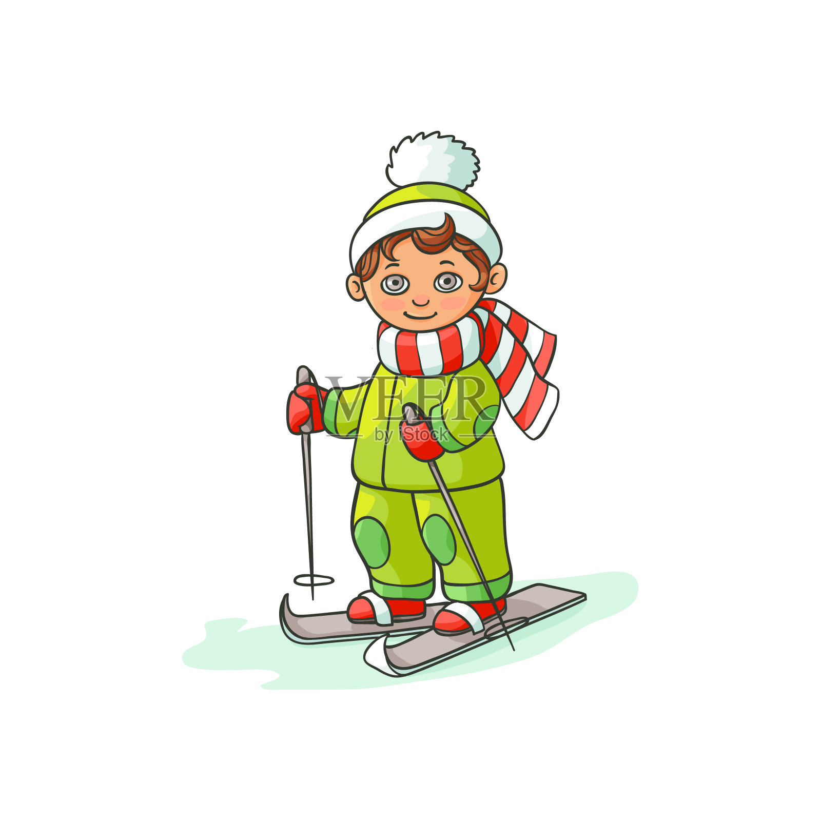 矢量平面卡通男孩滑雪孤立插画图片素材