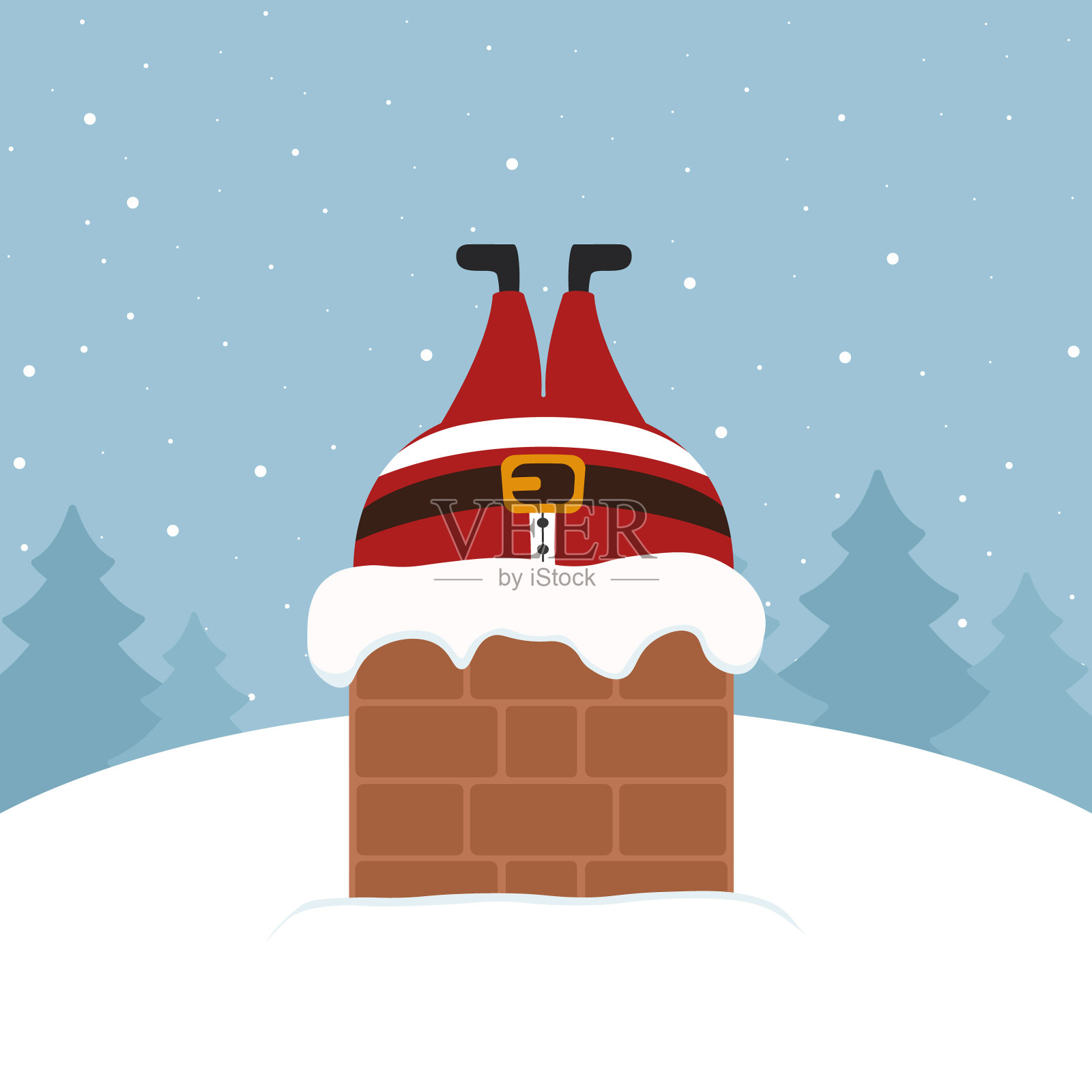 圣诞老人被困在烟囱里冬天的雪景插画图片素材