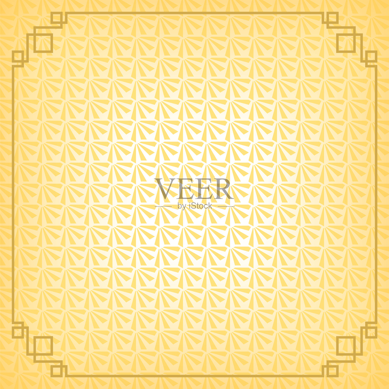 黄色中国小扇子抽象背景与金色边框插画图片素材