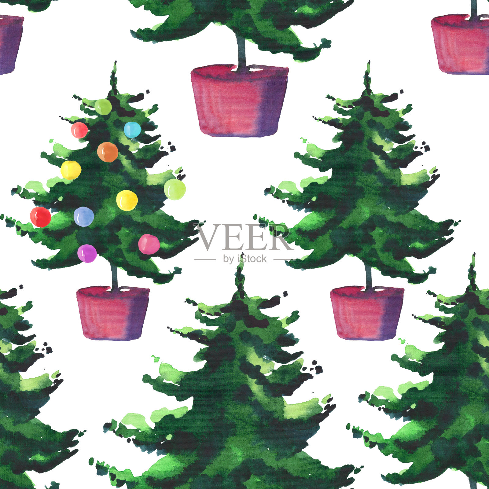 圣诞节美丽的艺术美妙的明亮的节日冬季绿色云杉树在盆与五颜六色的玩具图案水彩手插图。非常适合纺织、壁纸和贺卡插画图片素材