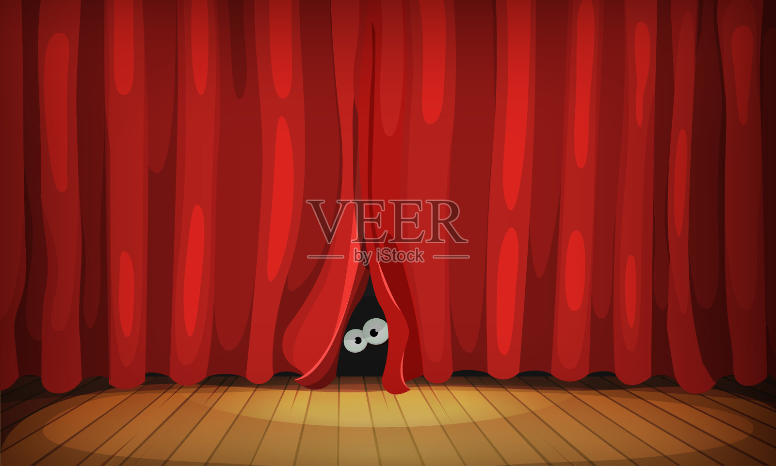 木舞台上红色窗帘后的眼睛插画图片素材