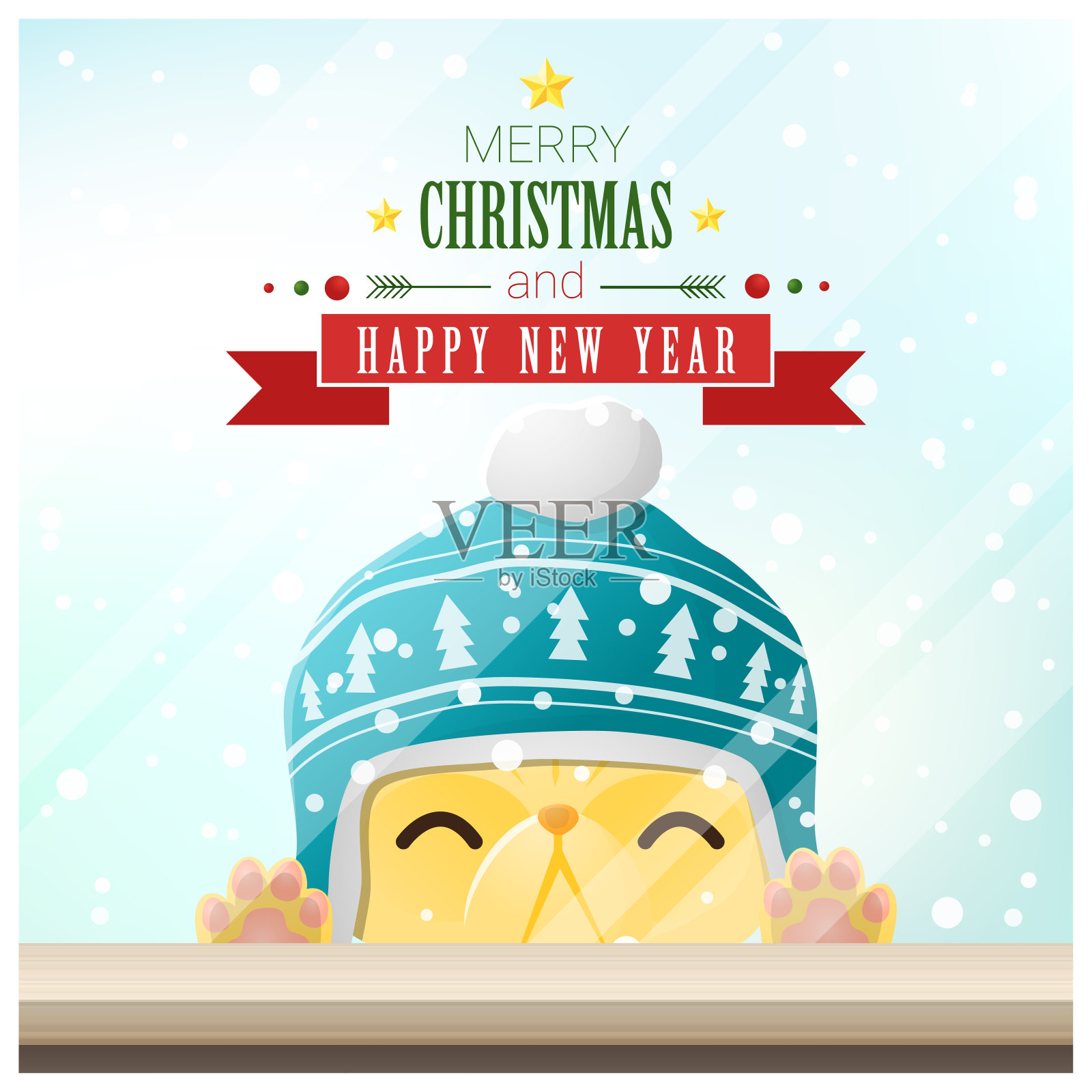 圣诞快乐和新年快乐的背景与猫站在窗户后，矢量，插图插画图片素材