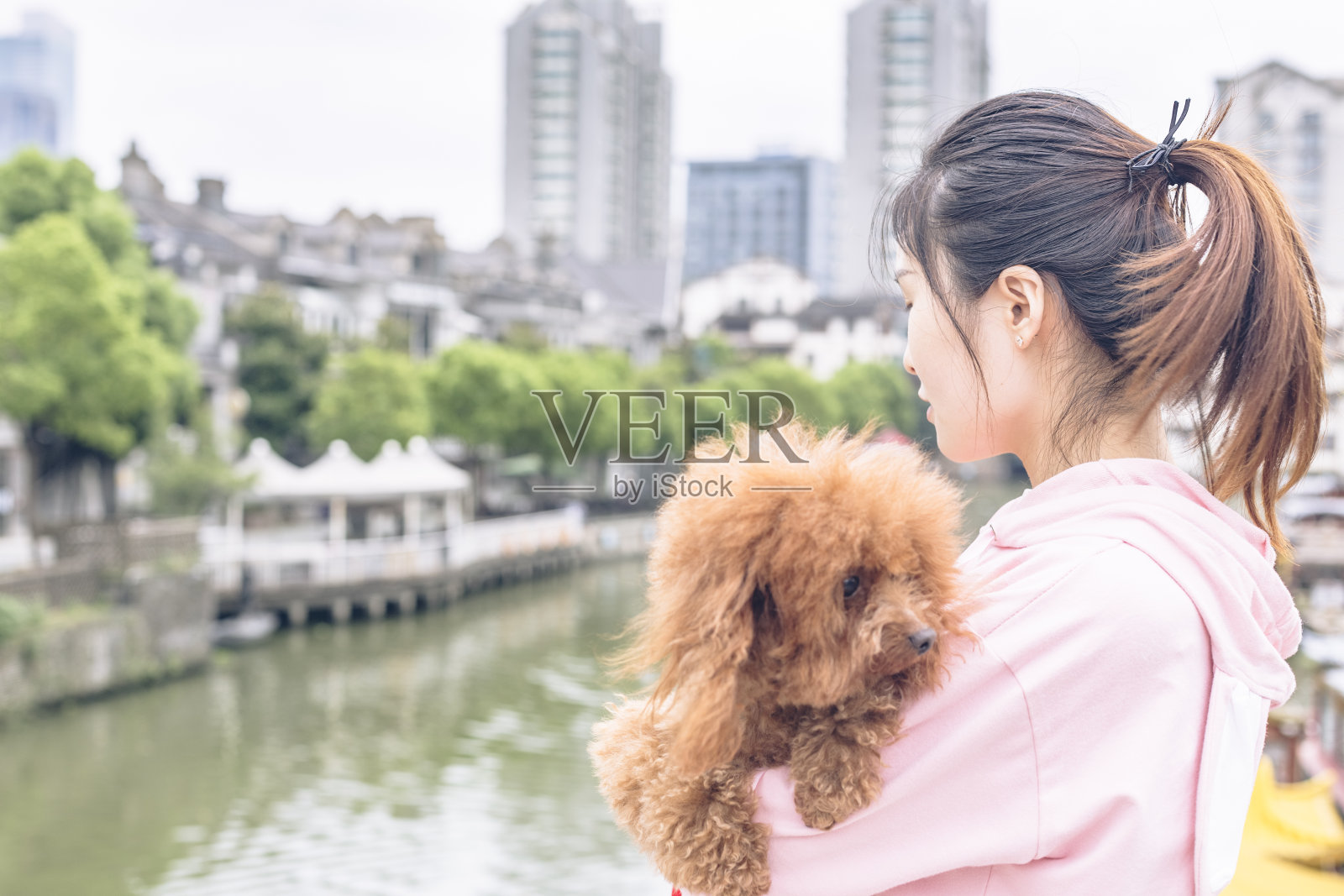 女主人抱着小狗站在石桥前照片摄影图片