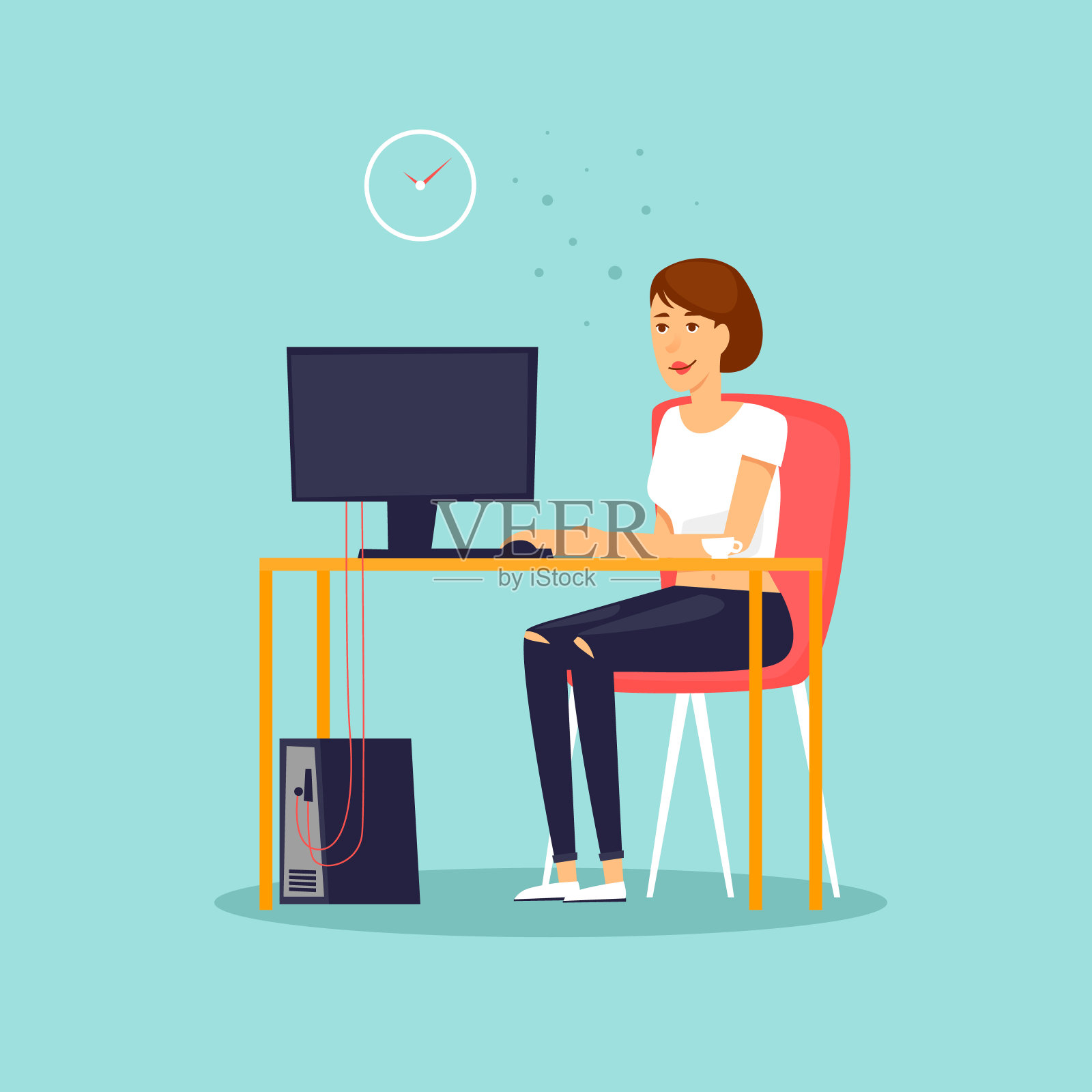 女孩坐在电脑前，办公室，工作。平面设计矢量插图。插画图片素材