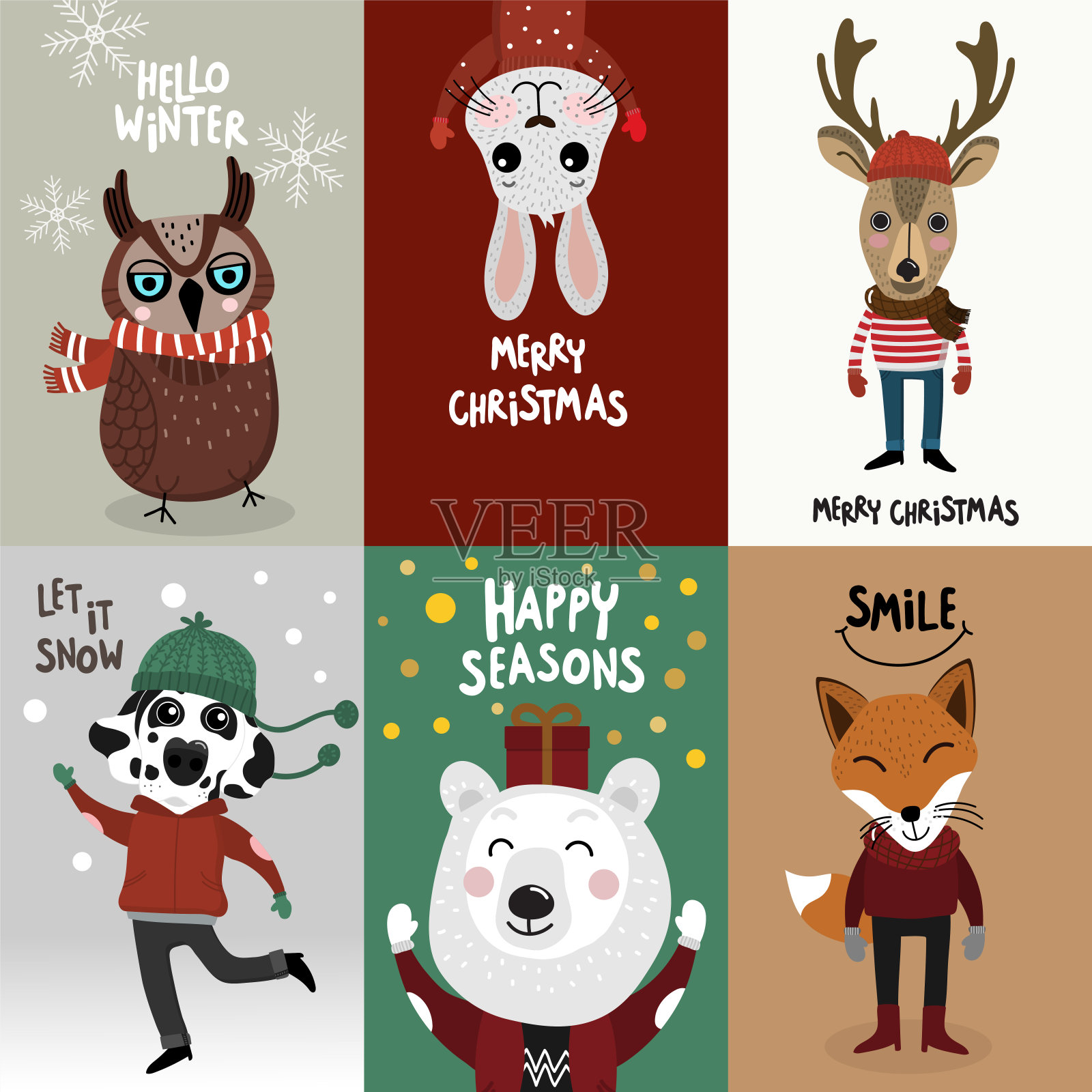 圣诞快乐，雪人，猫头鹰，兔子，亲爱的，熊，狗和狐狸插画图片素材