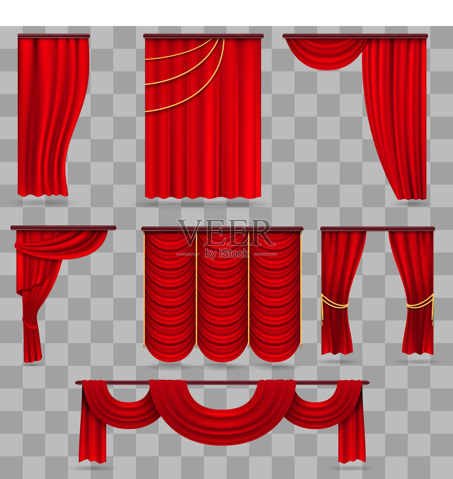 现实的红色天鹅绒舞台窗帘，鲜红的剧院窗帘孤立在透明的背景插画图片素材