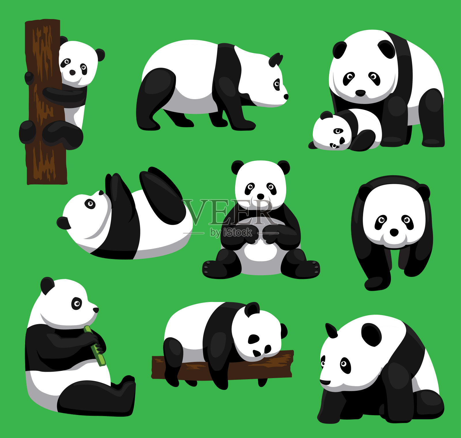 熊猫九个姿势卡通矢量插图插画图片素材