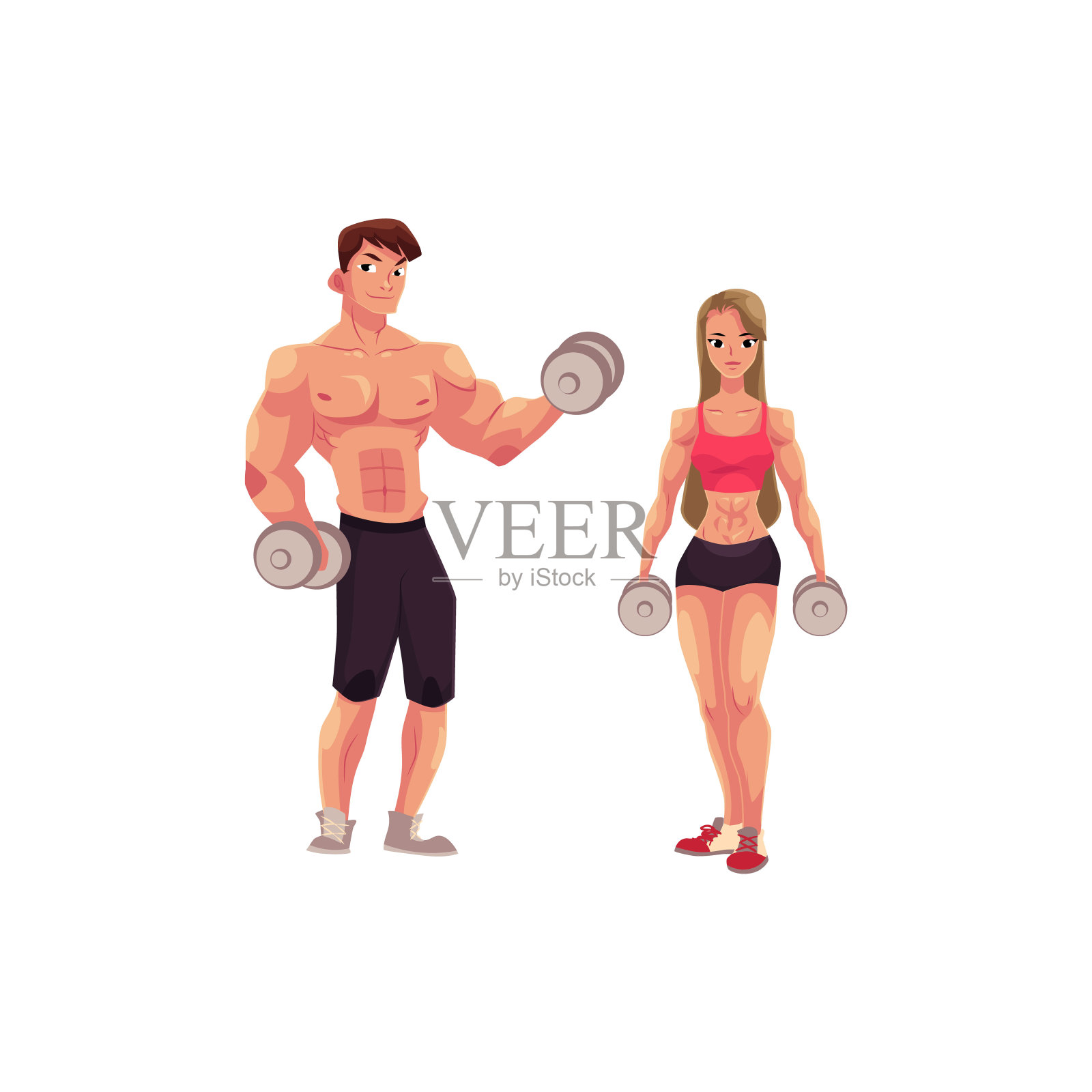 男人和女人健身，举重，用哑铃训练插画图片素材