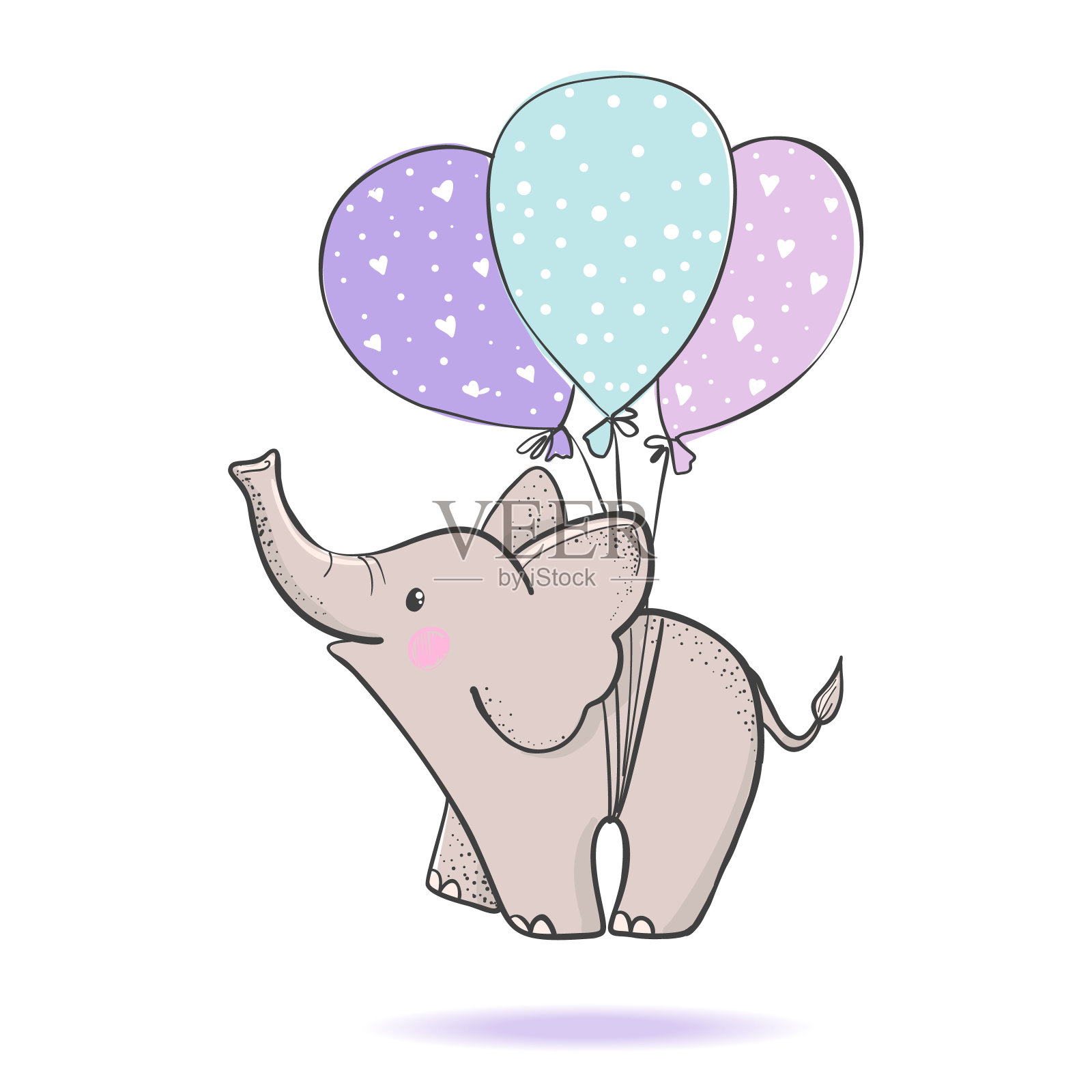 可爱的手画大象在气球上飞行。插画图片素材