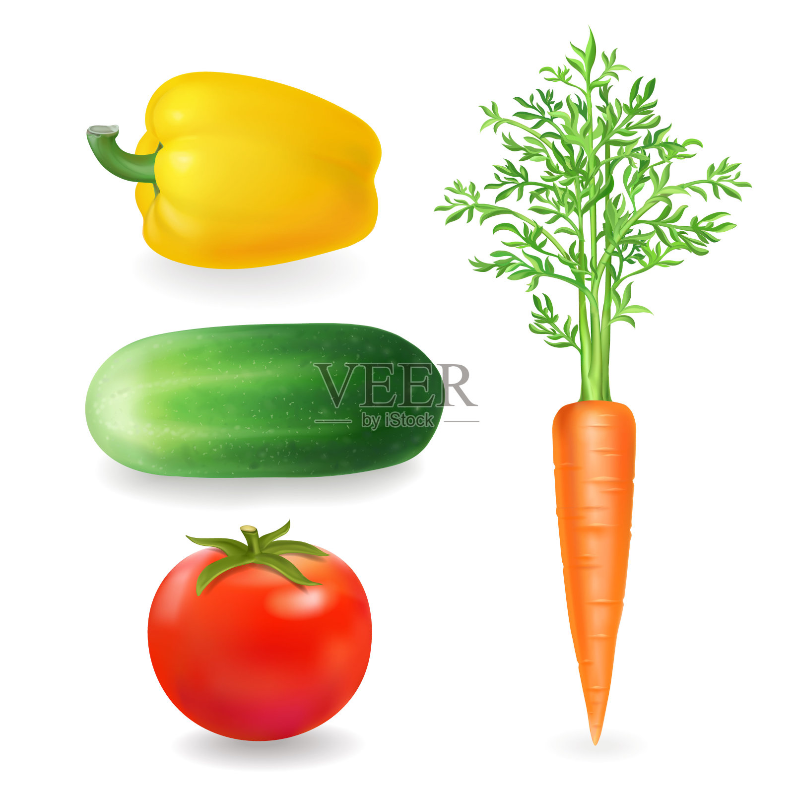 蔬菜。逼真的番茄、辣椒、胡萝卜和黄瓜。孤立的矢量图标设计元素图片