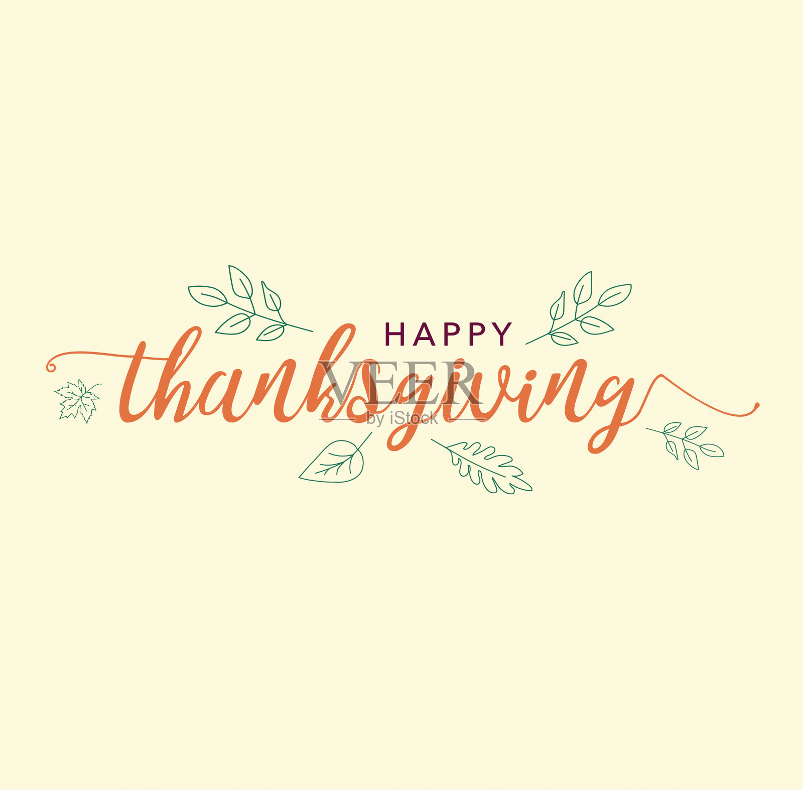 快乐的感恩节书法文字与插图树叶在轻奶油背景插画图片素材