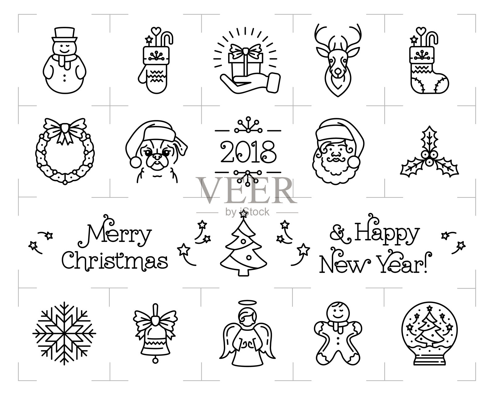 圣诞图标集，节日符号，新年图标。2018年是中国的狗年。线细标志，矢量平面插图插画图片素材
