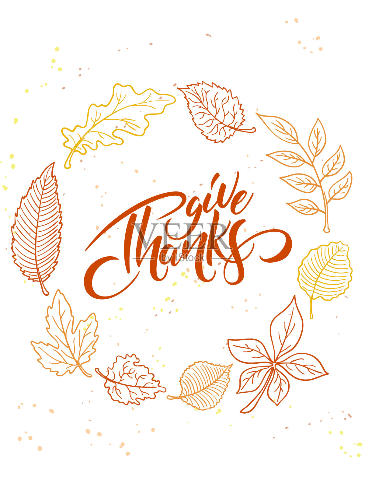 矢量感恩节贺卡与手写标签-感恩节快乐-和秋天涂鸦树叶设计元素图片