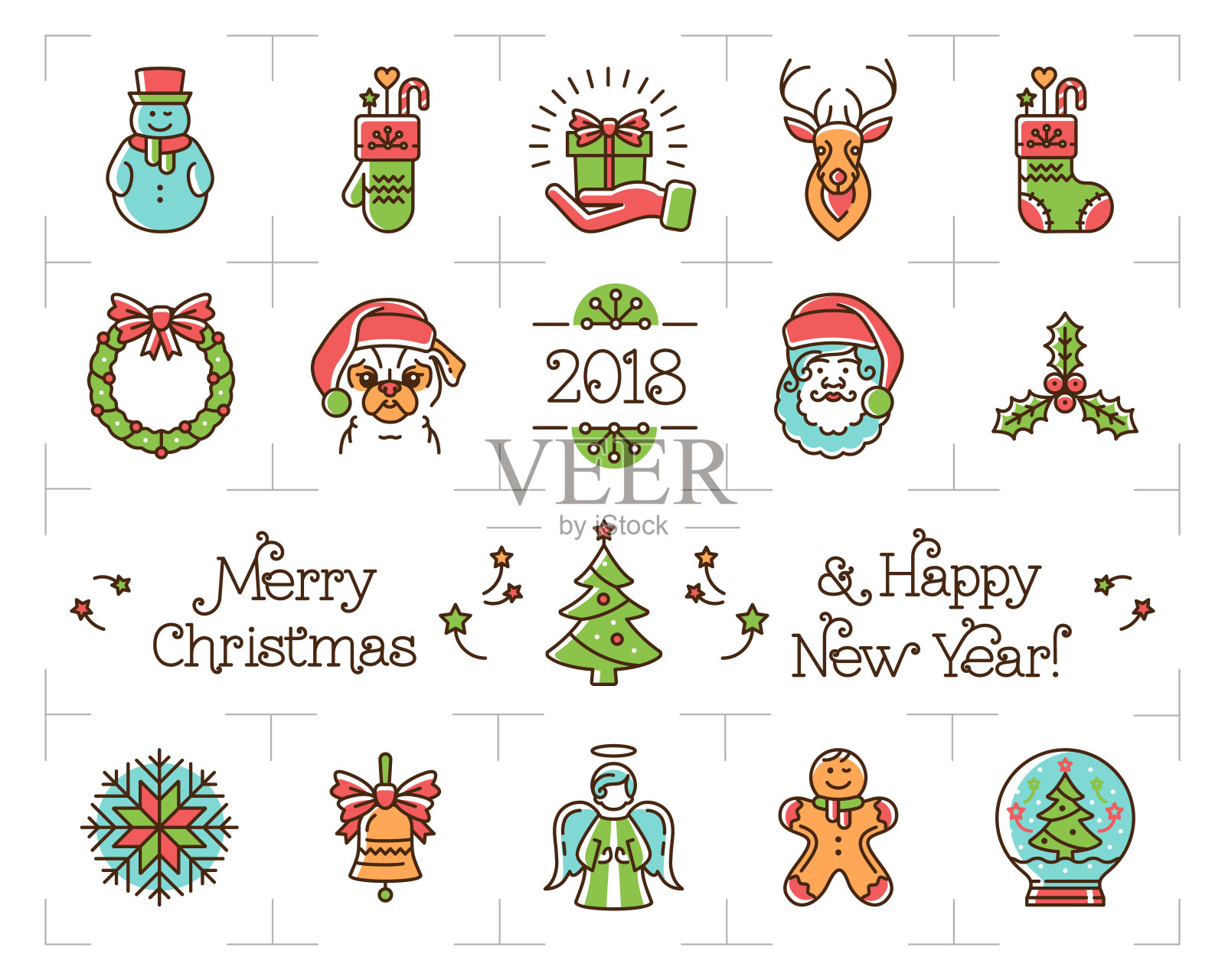 圣诞线图标集，假日符号，新年图标。2018生肖狗年，矢量平面插画设计元素图片