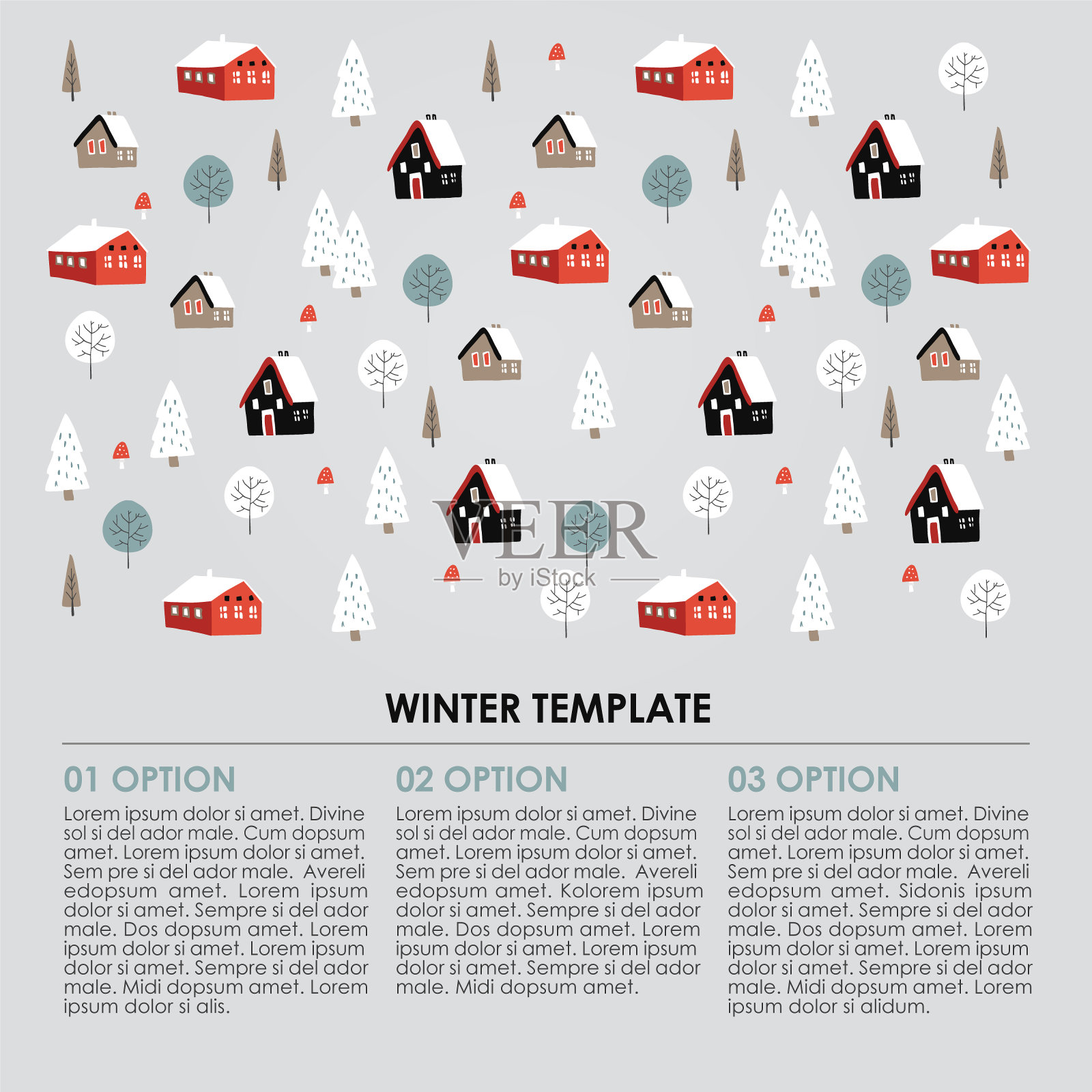 圣诞冬季信息图表模板。雪景和手绘的树和房子。背景矢量图插画图片素材