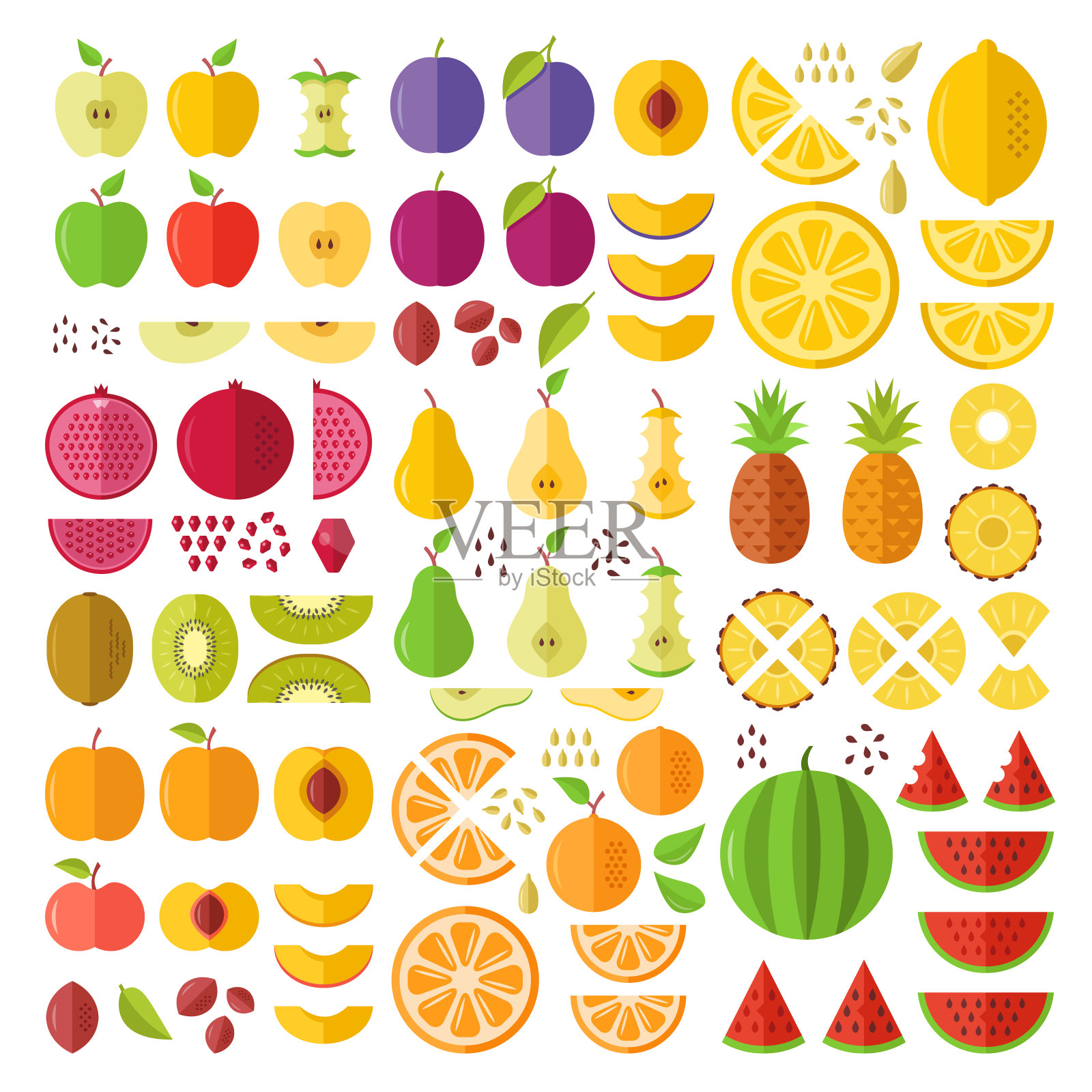 水果。平的图标集。整个水果，切片，切割，楔形，一半，种子，核等。平面设计图形元素。矢量图标插画图片素材
