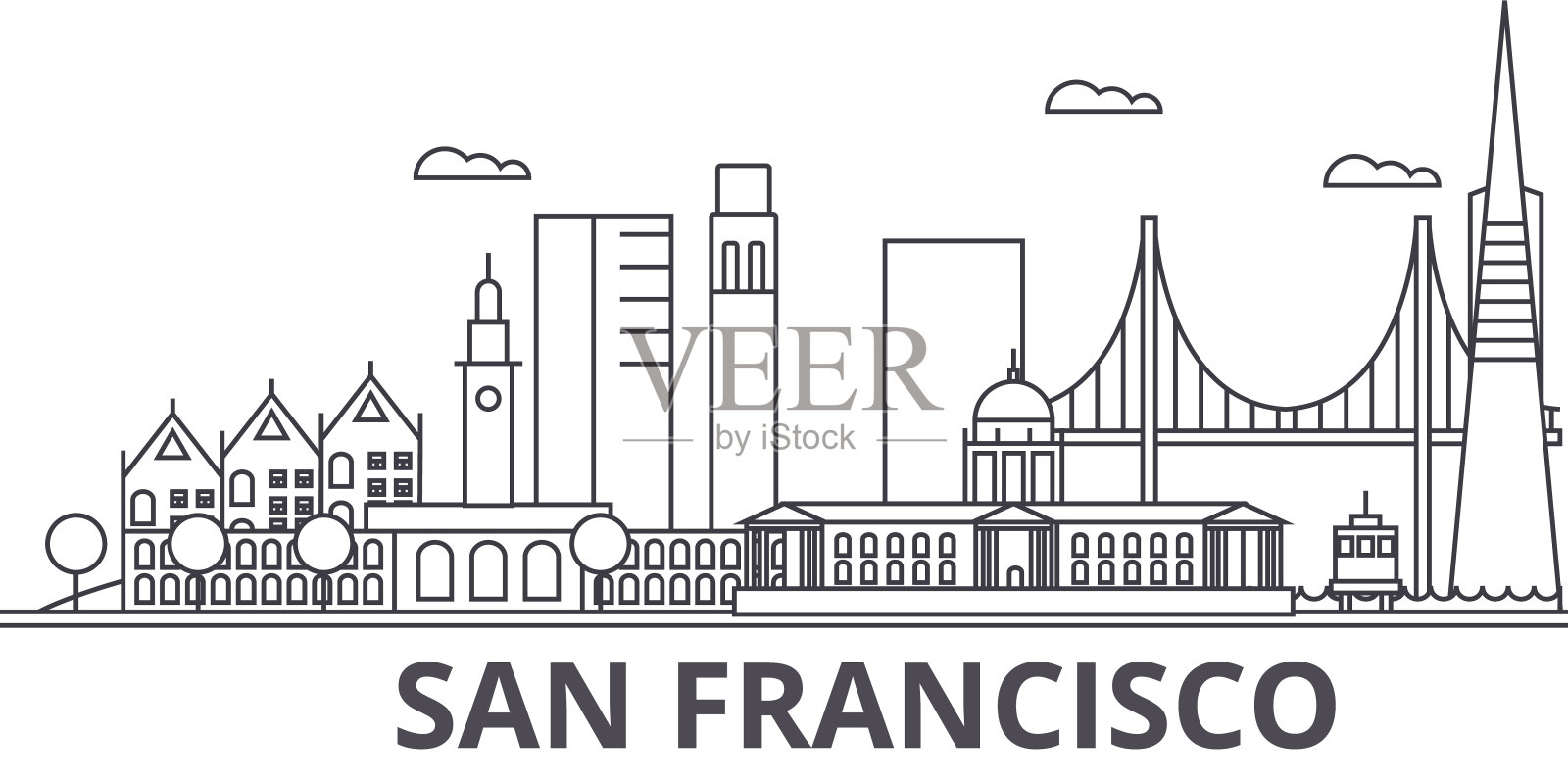 旧金山建筑线天际线插图。线性向量的城市景观与著名的地标，城市景观，设计图标。风景与可编辑的笔触插画图片素材