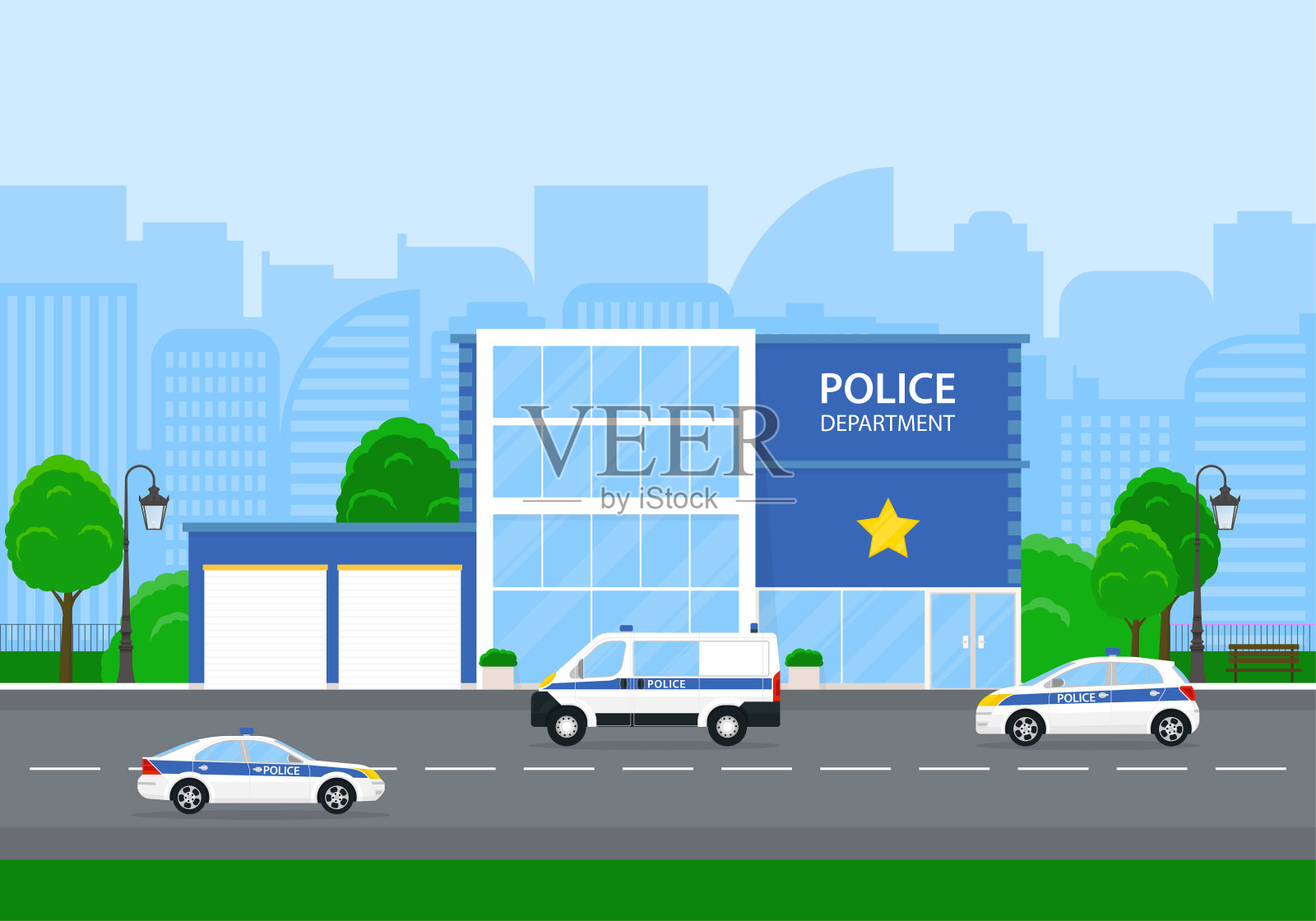 在城市的警察部门配备警车插画图片素材