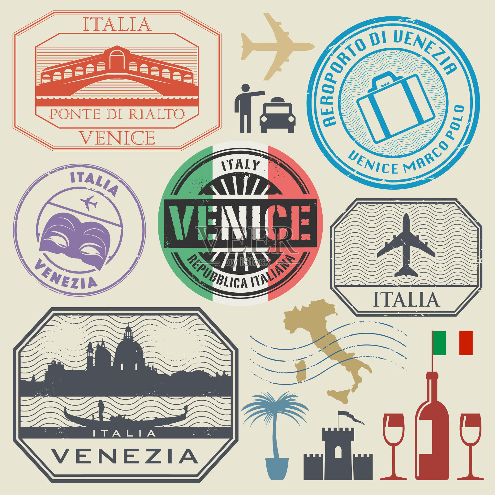 邮票或标志设置了意大利，威尼斯插画图片素材