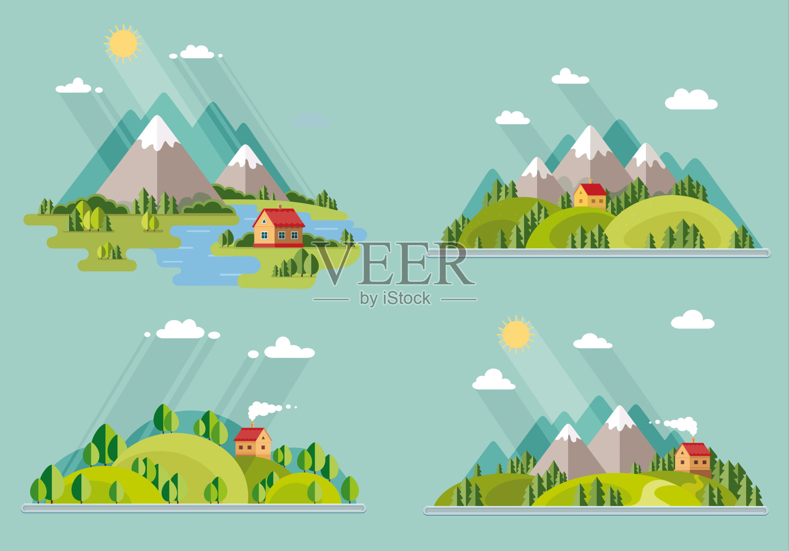 夏天的风景。房子在山上的树林中，休息在一个山村的湖和河。平面设计风格矢量插图。插画图片素材
