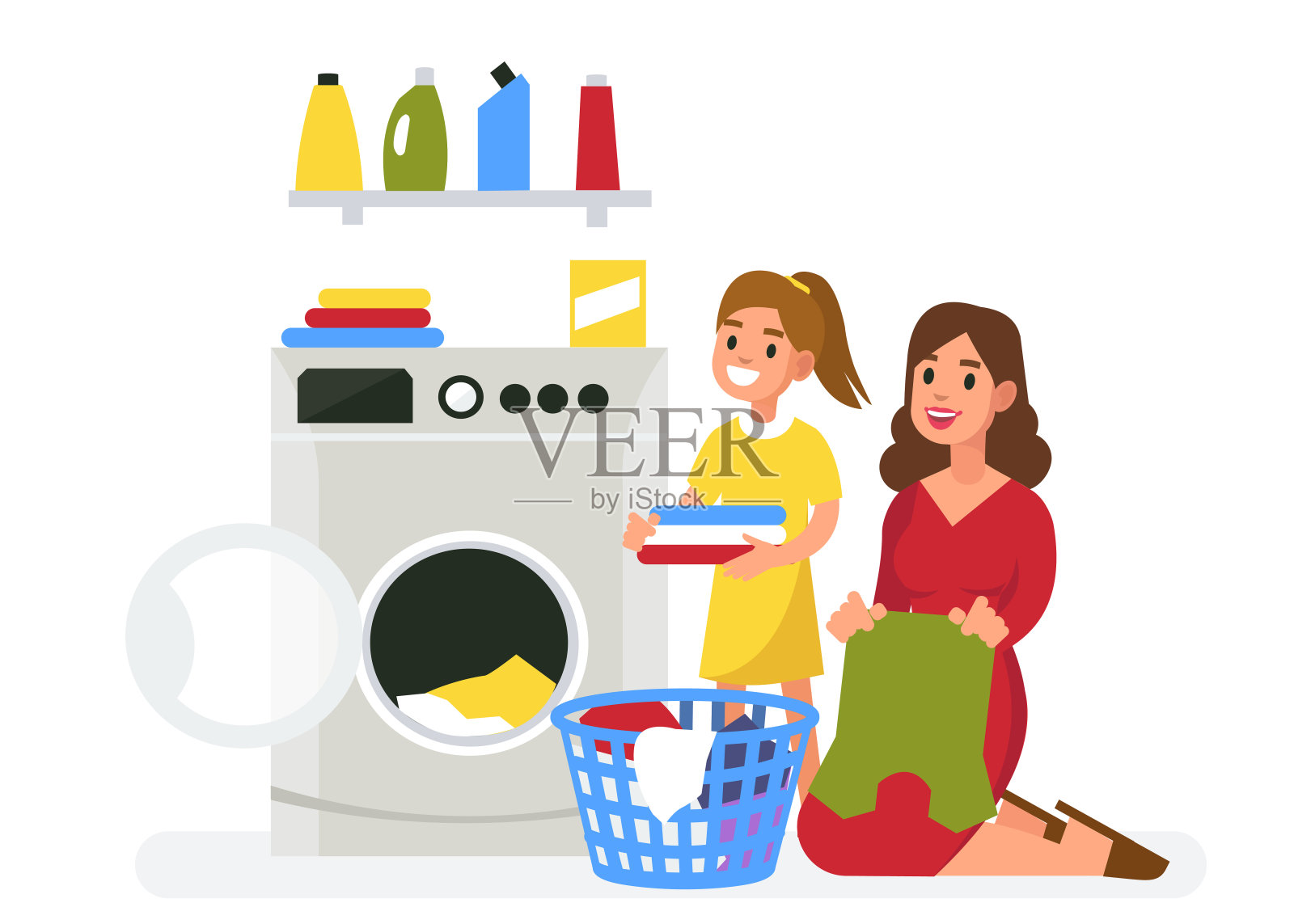 母亲和女儿洗衣插画图片素材