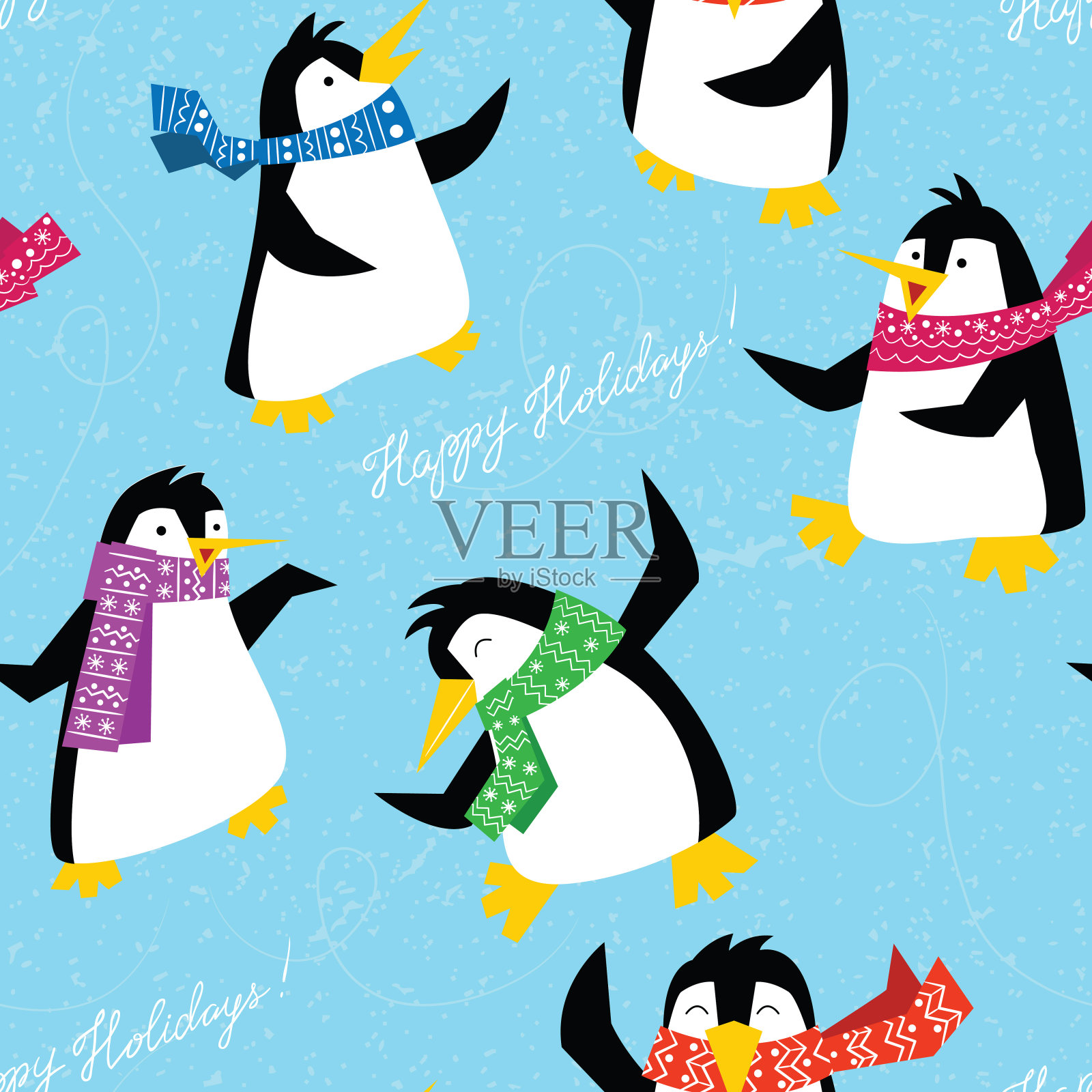 圣诞企鹅在一个明亮的围巾跳舞在冰川无缝模式插画图片素材