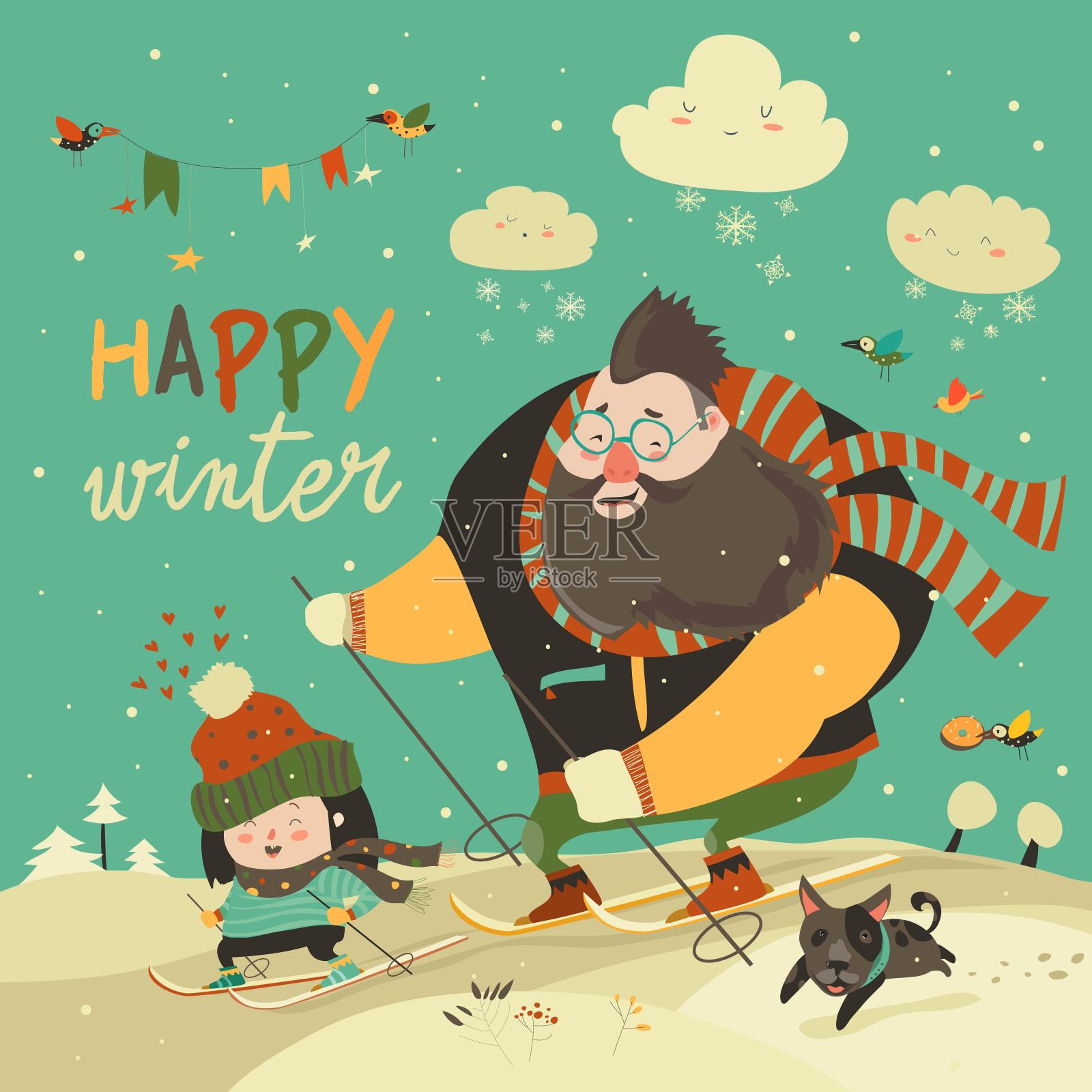 快乐的父女在雪地上滑雪插画图片素材