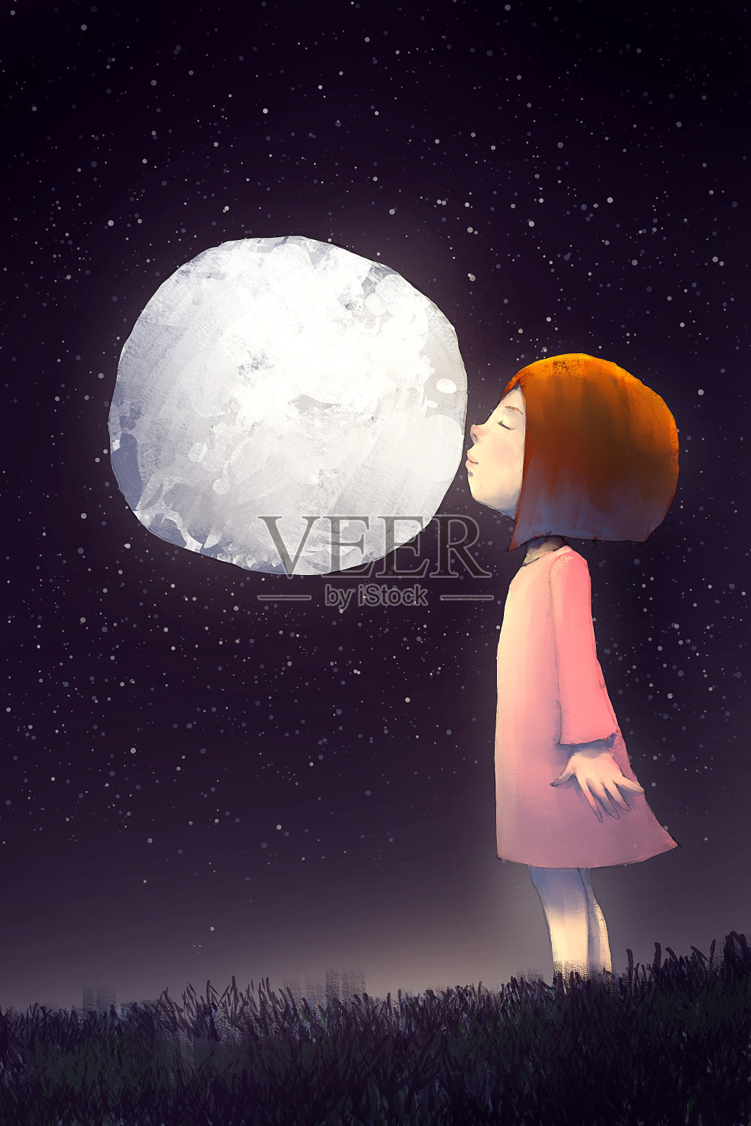独自亲吻满月的女孩的数码画插画图片素材