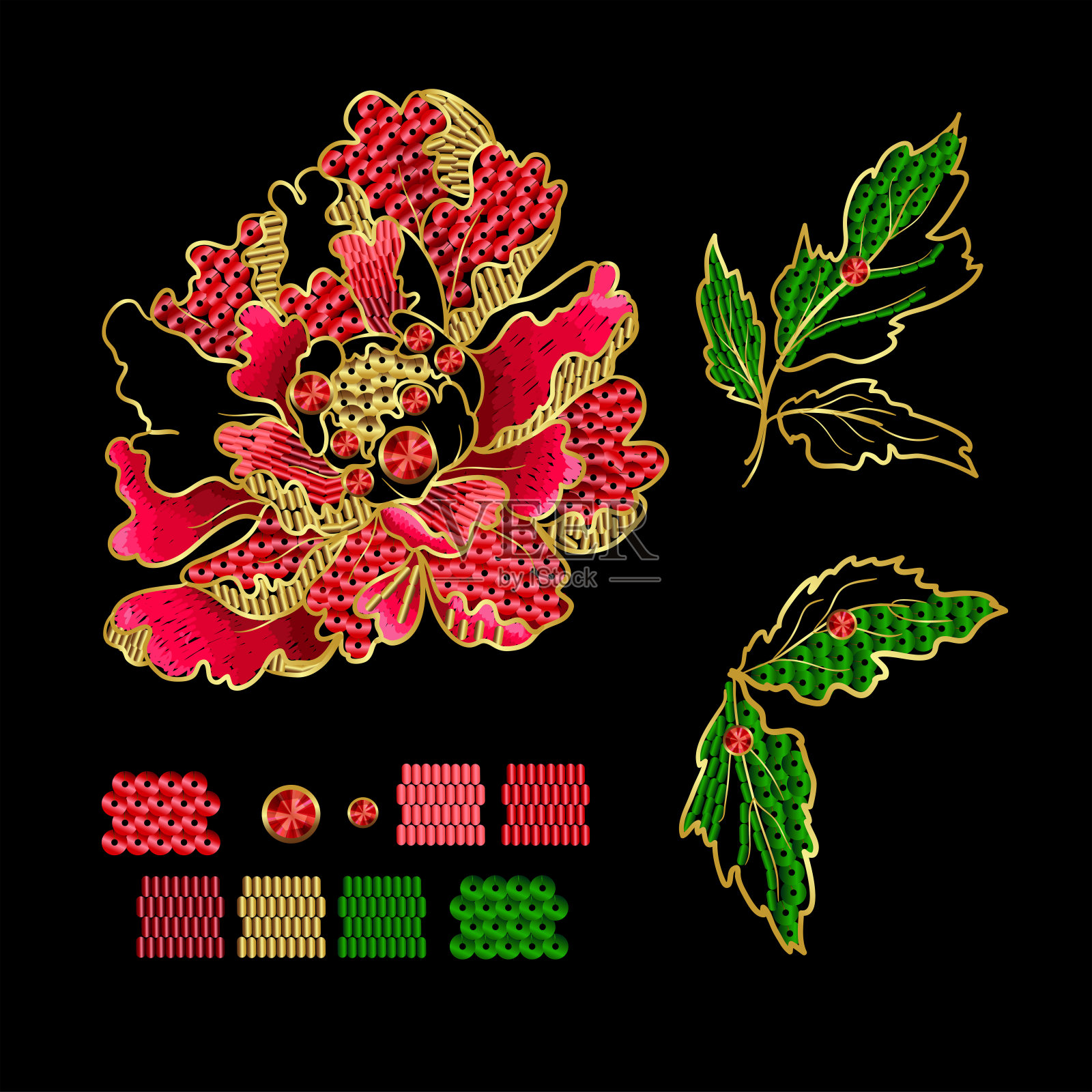 日本牡丹花刺绣与亮片和珠子印花的纺织品设计。矢量插图。插画图片素材