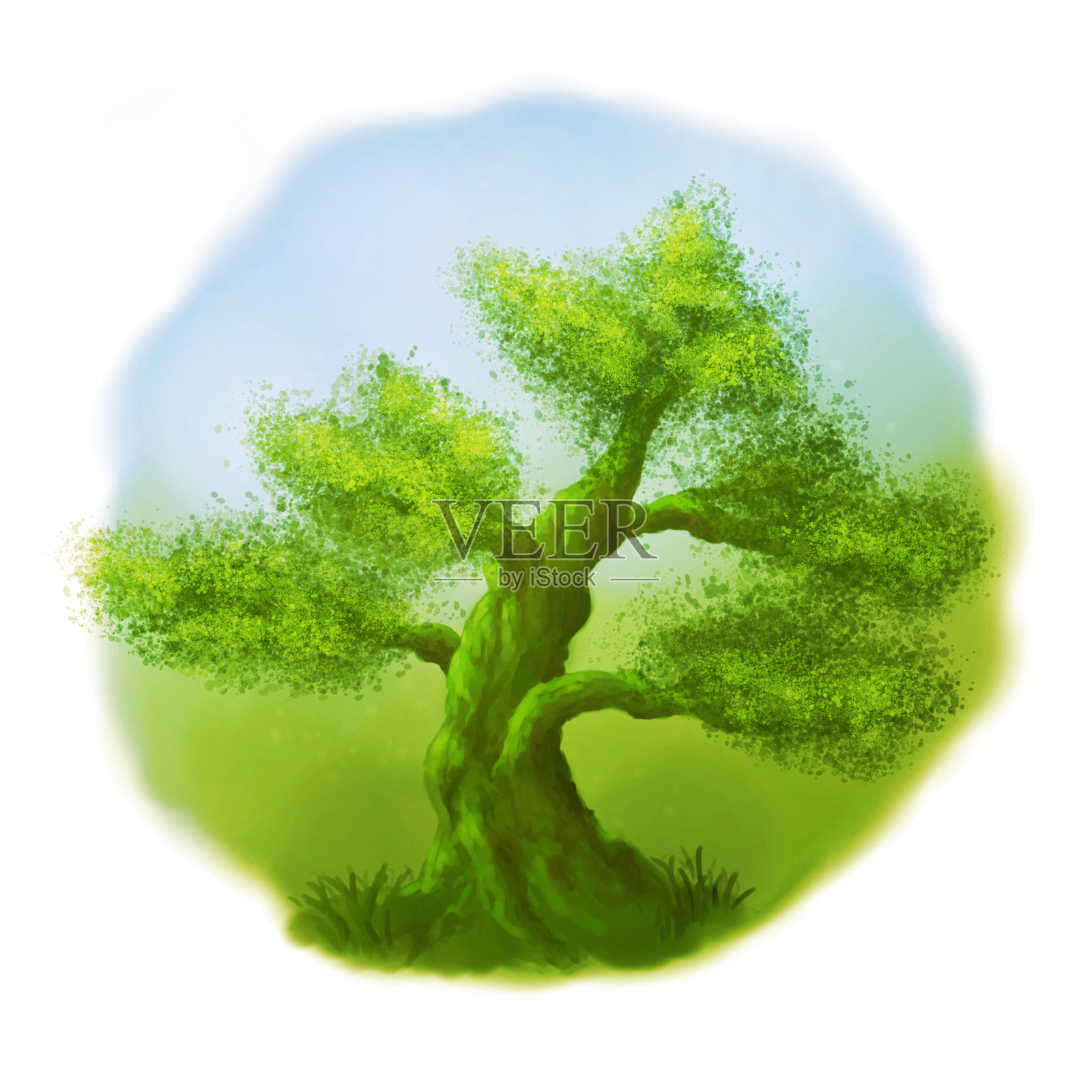 温暖的阳光下，绿树成荫的快乐树插画图片素材