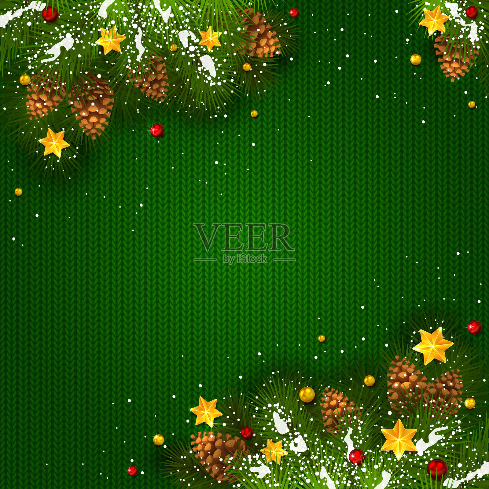 圣诞装饰与雪和星星在绿色编织的背景插画图片素材