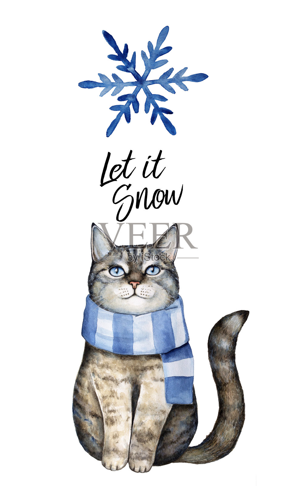 灰猫戴着蓝色的冬围巾，水彩画着雪花，嘴里还写着“让它下雪吧”。可爱的印刷海报，明信片，请帖，套装设计。插画图片素材